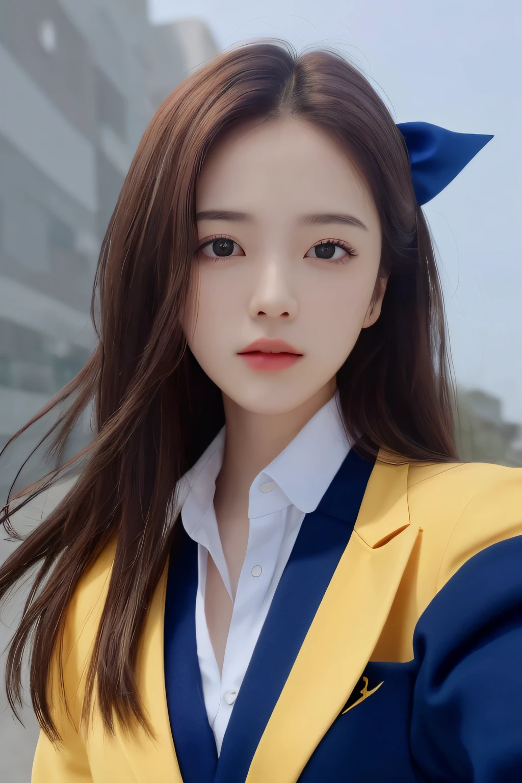 (detailed and realistic portrait of a girl with a clean face), (round eyes and long flutters hair shot outside),staring at camera,magical photography, with dramatic lighting, photo realism, Ultra-detailed, intimate portrait composition, (centered image composition),(close up shot:1.6),Best Quality,f/1. 8, 85mm, (18-year-old Asian female), black_heads,(black_eyes:1.2),(bangss),makeups,white_one-piece, (hazy blue_sky_Background with), ((full body shooting)), (Yellow Blazer, bows, Sneakers, Black stockings, High School Uniform: 1.2, )