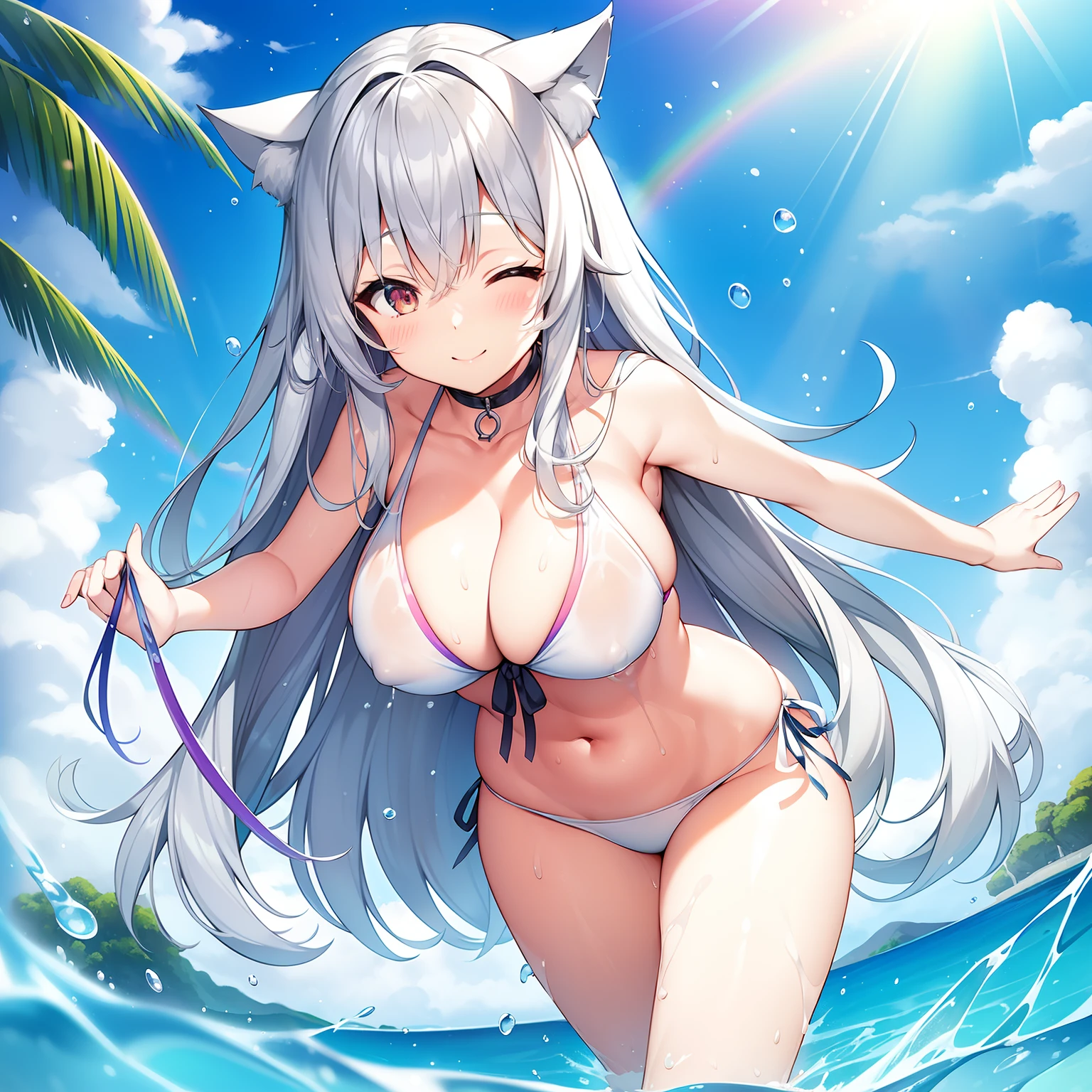 long hair with gray hair、Large breasts、Healthy woman in swimsuit、maikurobikini、Cat ears are big、Smile and be healthy、Splashes feel good on the underwater beach、Highlight beautiful rainbow on background、Close one eye and smile、Rainbow Bridge placed behind a splash of water、nipples are exposed