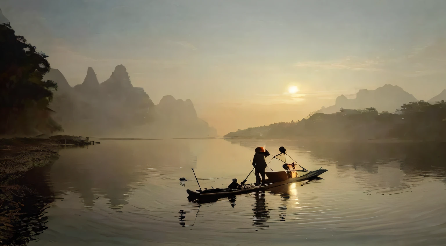 There was a man on the boat paddling in the water, Chinese landscape, fisherman, chinese artist, very beautiful photograph of, in the early morning, Breathtaking landscapes, very beautiful scenery, Stunning scenery, Incredibly beautiful, award-winning shot, award - winning shot, Beautiful scenery, author：Xu Xi, warm beautiful scene, peaceful scene, author：Shang Xi