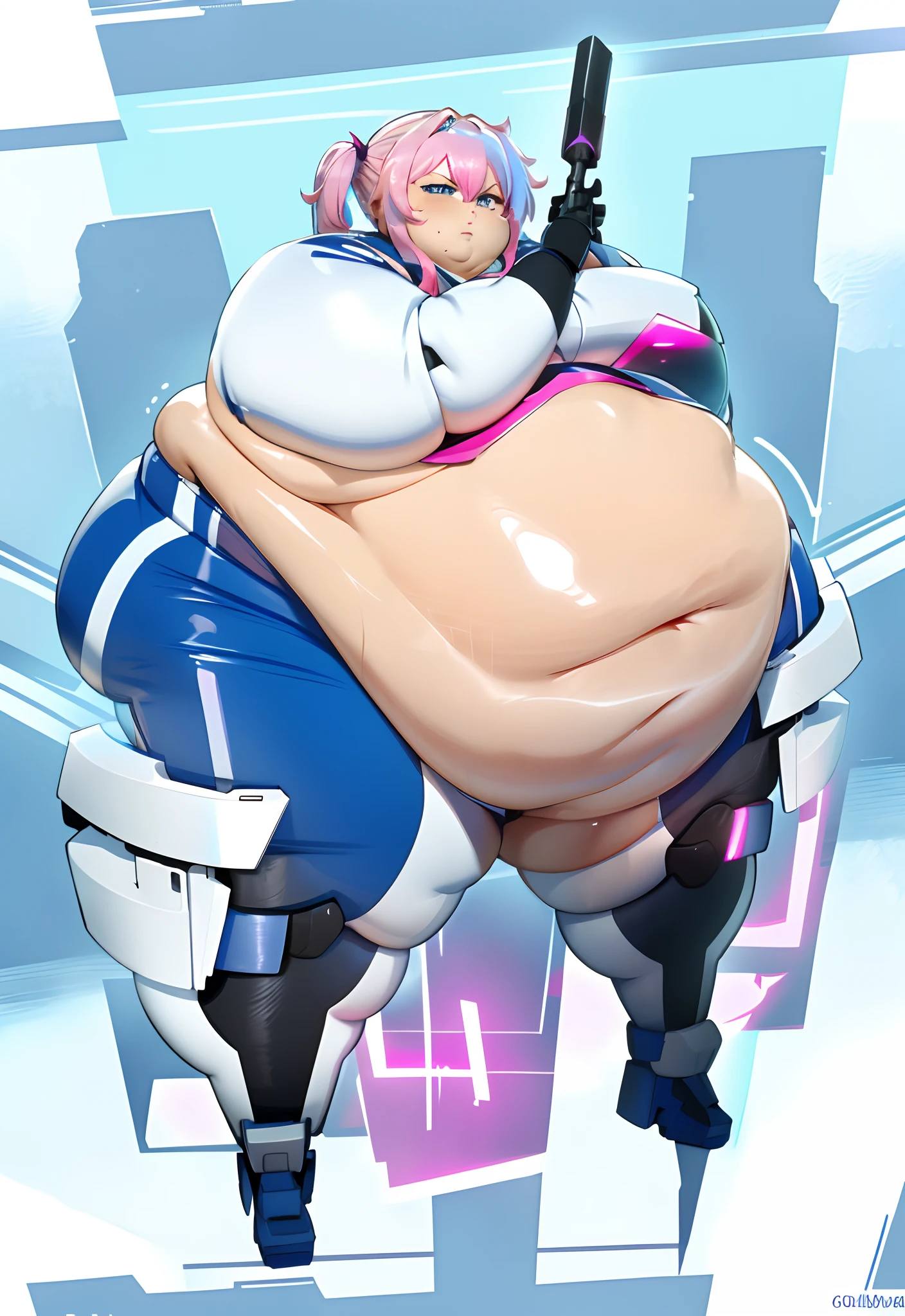 a anime styled image of a fat man with a large white cybernetic suit, Hammer in his hand, he has a jiggly fat round belly,( his belly is , large,fat and round), thicc, big belly, , body swelling about to explode, belly exposed, thicc build, fatbody, fat belly,(( large Thick hips)) ,(( large fat Thighs, large Fat round but))t , (Short build), ((long, White hair:1.5with Blue and Pink hair Streaks:1.2)) androgynous;1.3, morbidly obese , Femboy , Messy hair, SFW, High quality, expression( annoyed and Angered) pose(one Hand Grabbing belly ),pear_shaped_body,hyper_belly,hyper_hips,shortstackBT