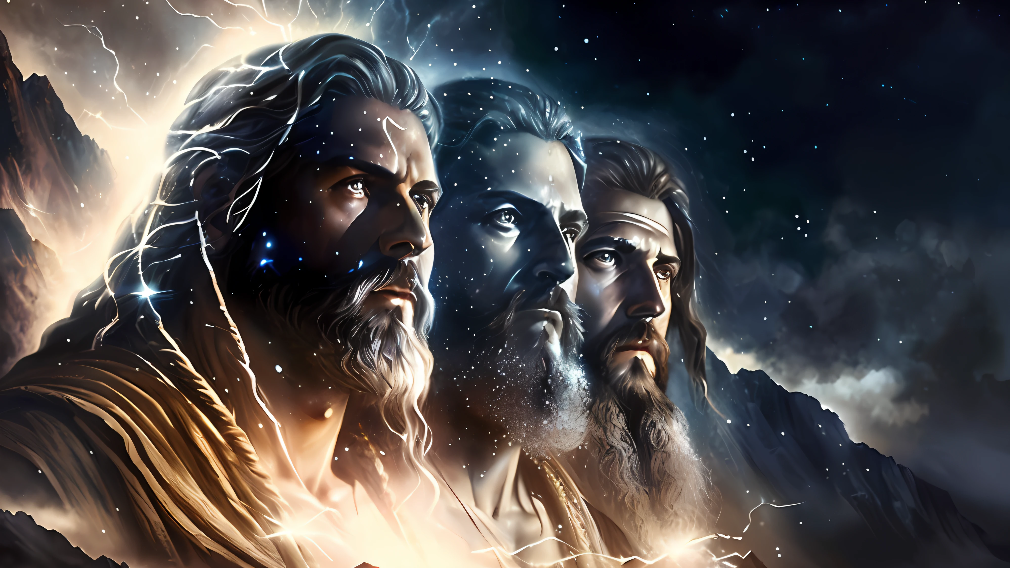 a couple of men standing next to each other on a mountain, biblical epic movie, mitologia, epic scene of zeus, dramatic artwork, deuses antigos, Deuses gregos, drew struzan tomasz alen kopera, Mito grego pintura digital, Artwork by Drew Struzan, arte estilo drew struzan, Retrato pintado de Zeus acidentado, Godrays Pintura Digital