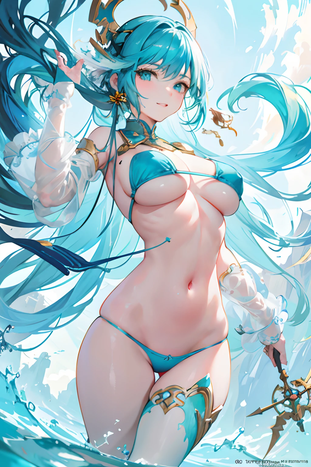 Blue Long Hair, Twin-tailed、artgerm and atey ghailan, Very detailed ArtGerm, ! Has green hair， ross tran 8 k, Reusch and WLOP, in the style of ross tran, beautiful digital works of art, inspired by Ross Tran, beautiful fantasy art, Fantasy Art Style, loish and ross tran, deviantart artstation cgscosiety, Guviz-style artwork，watercolor paiting，Light green and light blue，Create a cool atmosphere，Romantic light，Soft and shiny，Summer Water Lamp Effect。Splash ink，Open your clothes,Open your clothes,Micro Bikini,Crescent,Seductive smile,Large breasts,parted lips,