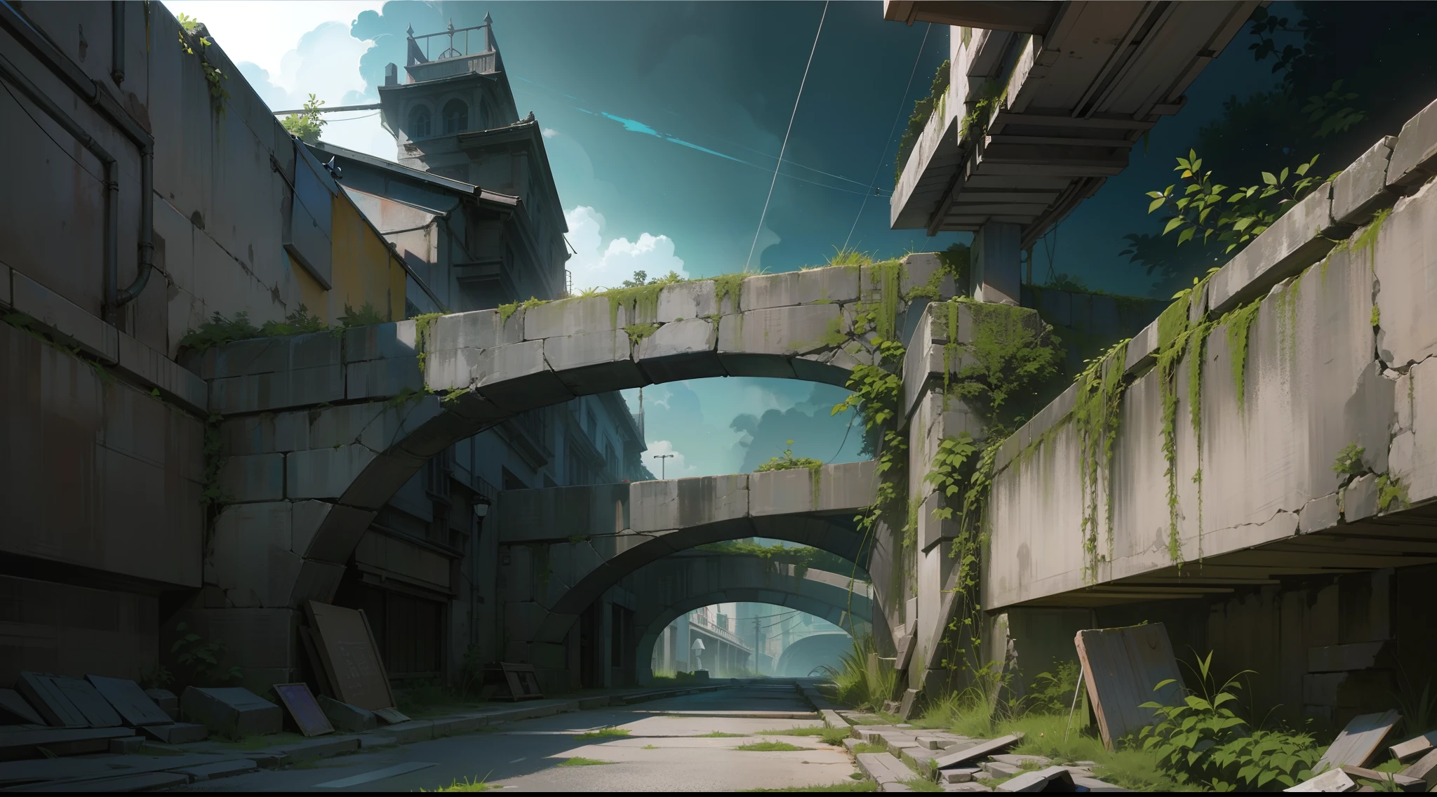 escena de un ciudad futurista abandonada de un estrecho callejon oscuro sinuoso y curvo (arquitectura general con arcos de medio punto) y misterioso, tonos principales de color grises y azules, muy poca luz, estilo postapocaliptica,humo denso, llena de escombros y suciedad, chatarra oxidada tirada por la calle, paredes de cemento con grietas, tuberias y cableados viejos, por el suelo crece un poco de hierba muy verde que desentona con el ambiente oscuro y apagado, de fondo de noche, cielo lleno de estrellas, imagen con mucha sombra con contraste