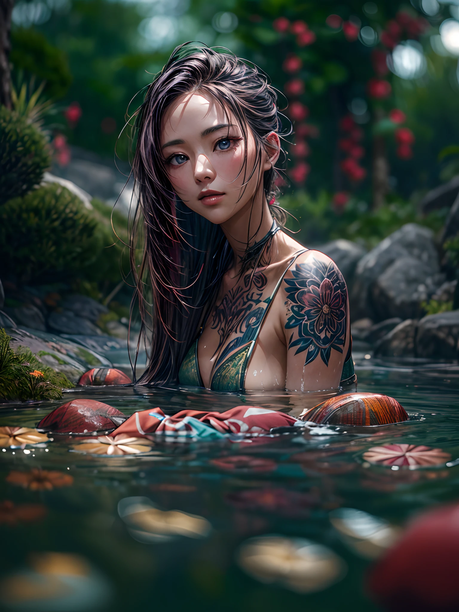 (photo by natural hot spring:1.2), (captivating photograph featuring a Chinese woman with her hair tied back:1.1), (relaxing in a natural hot spring in a picturesque outdoor setting:1.1), (wearing a bikini that complements the serene environment:1.1), (her body adorned with intricate and beautiful oriental tattoos:1.1), (Canon EOS R6 camera, perfect for capturing outdoor scenes:1.2), (paired with a Canon RF 24-70mm f/2.8L IS USM lens for versatile captures:1.2), (the warm water embracing half of her body, creating a soothing contrast:1.1), (the play of light and shadow accentuating her tattoos and form:1.1), (her relaxed and contemplative expression blending with the tranquil surroundings:1.1), (the natural beauty of the hot spring's surroundings enhancing the composition:1.1), (a moment of serene immersion in nature, where the woman and the environment are in harmony:1.1), (an image that captures the fusion of artistry, culture, and natural beauty:1.1)), Cinematic, Hyper-detailed, insane details, Beautifully color graded, Unreal Engine, DOF, Super-Resolution, Megapixel, Cinematic Lightning, Anti-Aliasing, FKAA, TXAA, RTX, SSAO, Post Processing, Post Production, Tone Mapping, CGI, VFX, SFX, Insanely detailed and intricate, Hyper maximalist, Hyper realistic, Volumetric, Photorealistic, ultra photoreal, ultra-detailed, intricate details, Super detailed, Full color, Volumetric lightning, HDR, Realistic, Unreal Engine, 16K, Sharp focus, Octane render