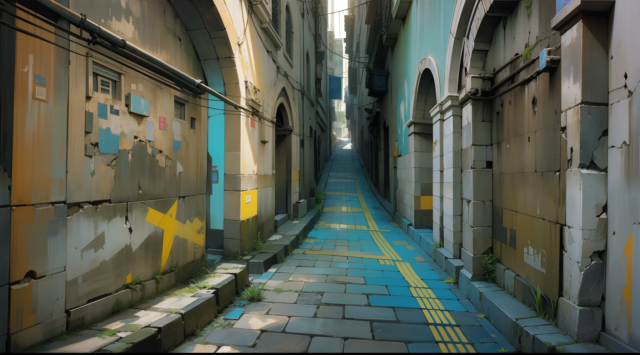 escena de un ciudad futurista abandonada de un estrecho callejon oscuro sinuoso y curvo (arquitectura general con arcos de medio punto) y misterioso, tonos principales de color grises y azules, muy poca luz, estilo postapocaliptica,humo denso, llena de escombros y suciedad, chatarra oxidada tirada por la calle, paredes de cemento con grietas, tuberias y cableados viejos, por el suelo crece un poco de hierba muy verde que desentona con el ambiente oscuro y apagado, de fondo de noche, cielo lleno de estrellas, imagen con mucha sombra con contraste