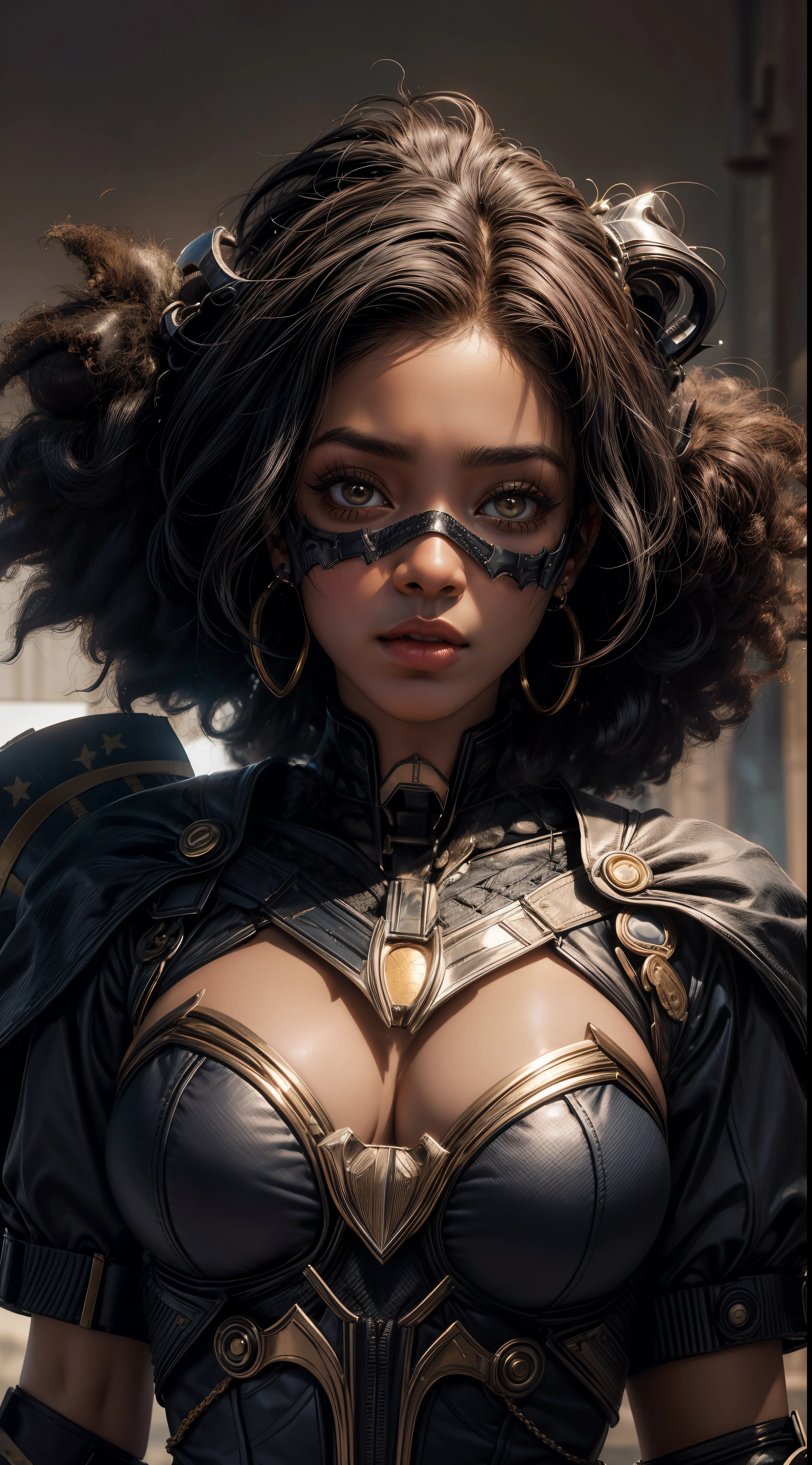 1 closeup de uma (garota 18 anos afro americana)batgirl negra ((AFRO AMERICANA)), cabelo curto, ((Using Batgirl's mask))com capuz vermelho ((cabelo curto e liso com franja)), fear expression, assustada,,( fleshy lips)olhos grandes,sardas no rosto de ,batom vermelho,( pircing on the lip),colar, brinco, e maquiagem, Angle of the face up close, perfil,Looking at camera