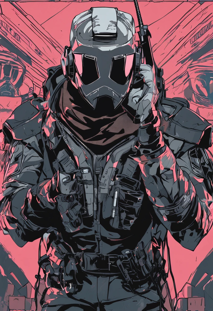 1 rapaz, wear a cyberpunk mask, Black Mask, Detail mask, retrato do rosto, tiro de close up | | | |, de sala de guerra, estrutura militar cyberpunk, mostrando parte do rosto, estilo anime colorido