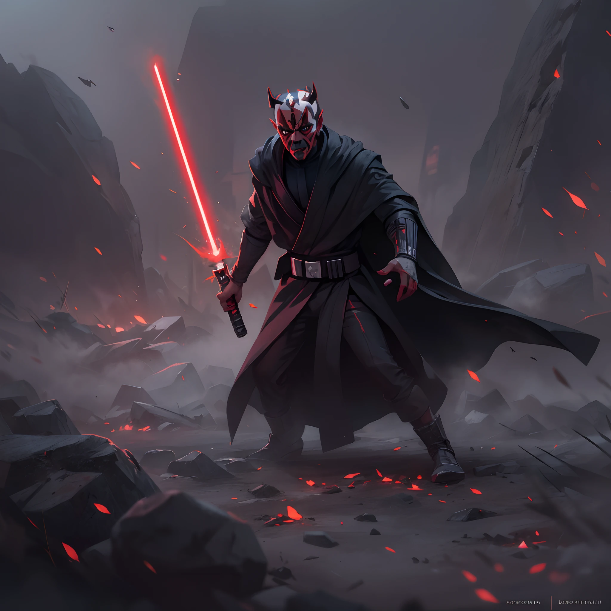 Darth Maul, (illustration style), Black cloak, ancient runes on the ground, Ultra-detailed face, red eyes, lightsaber, Debris on the ground, rocks floating around you, fog, (horror), matte painting