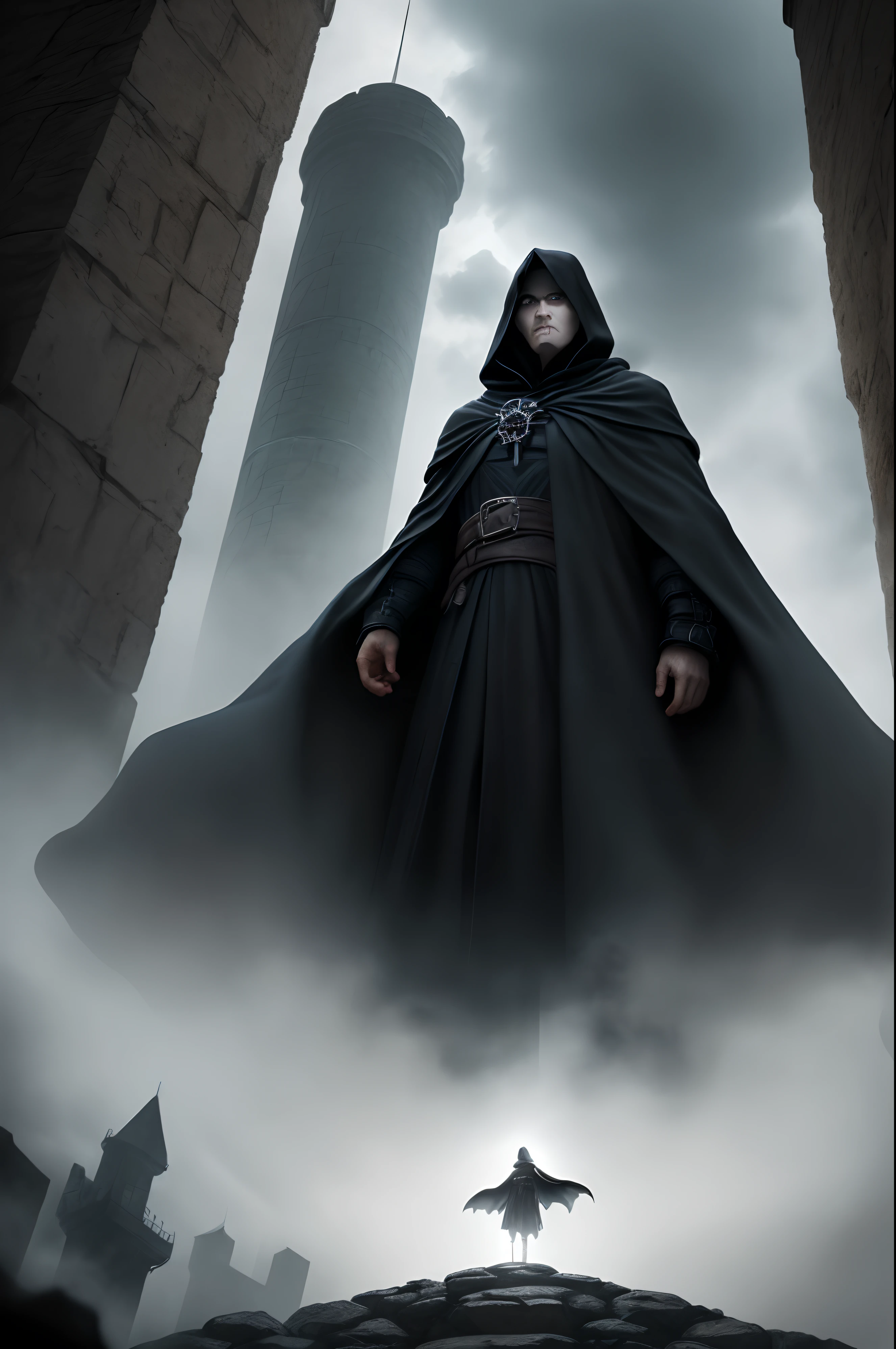 Create a courageous individual who harnesses darkness as their power. Depict them standing atop a dark tower, overlooking the world below with sharp eyes, and a billowing black cloak.
