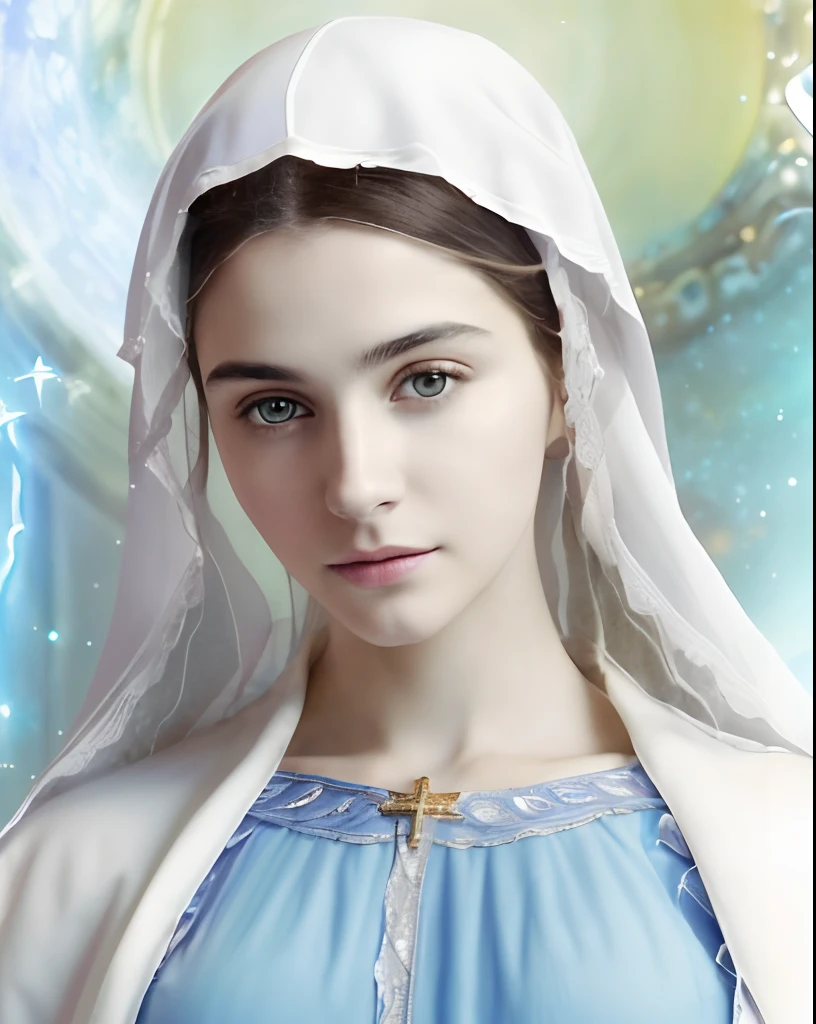 (((Blessed Virgin Mary. 19 years old))) ((( Con una cara seria y piadosa. Con una mirada dulce y tierna))) (obra maestra, calidad superior, mejor calidad, arte oficial, beautiful and aesthetic: 1.2), (1girl), extremadamente detallado, (Arte fractal: 1.3), colorido, highest detailed, Cara perfecta, parte superior del cuerpo, HDR, (orando: 1.3), (golden lines of white coat: 1.2), galaxia, (rayas de luz), eye-catching visuals, (dynamic stripes, senderos luminosos: 1.2), colores vibrantes,