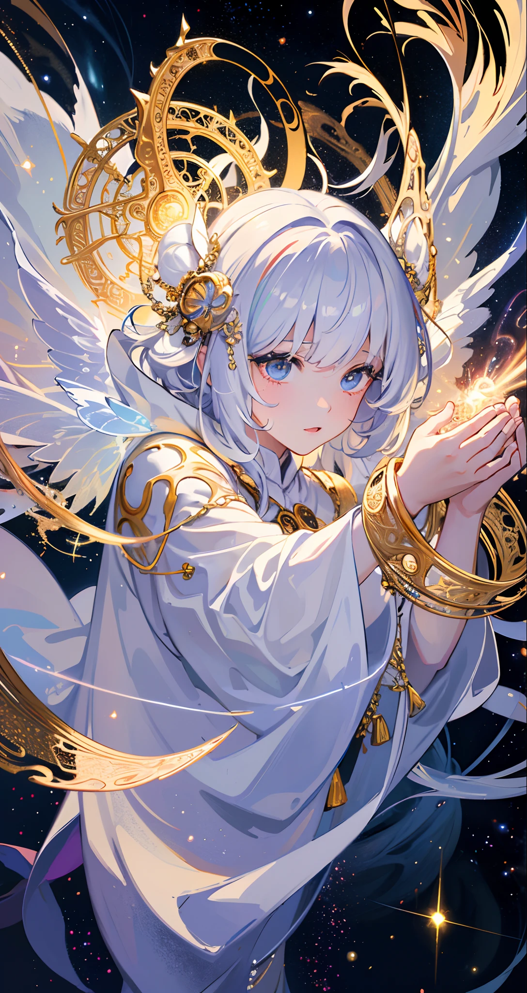 (masterpiece, top quality, best quality, official art, beautiful and aesthetic:1.2), (1boy), extreme detailed, (fractal art:1.3), colorful, highest detailed, perfect face, upper body, HDR, (praying:1.3), (white cloak golden lines:1.2), galaxy, (light streaks), striking visuals, (dynamic streaks, luminous trails:1.2), vibrant colors,