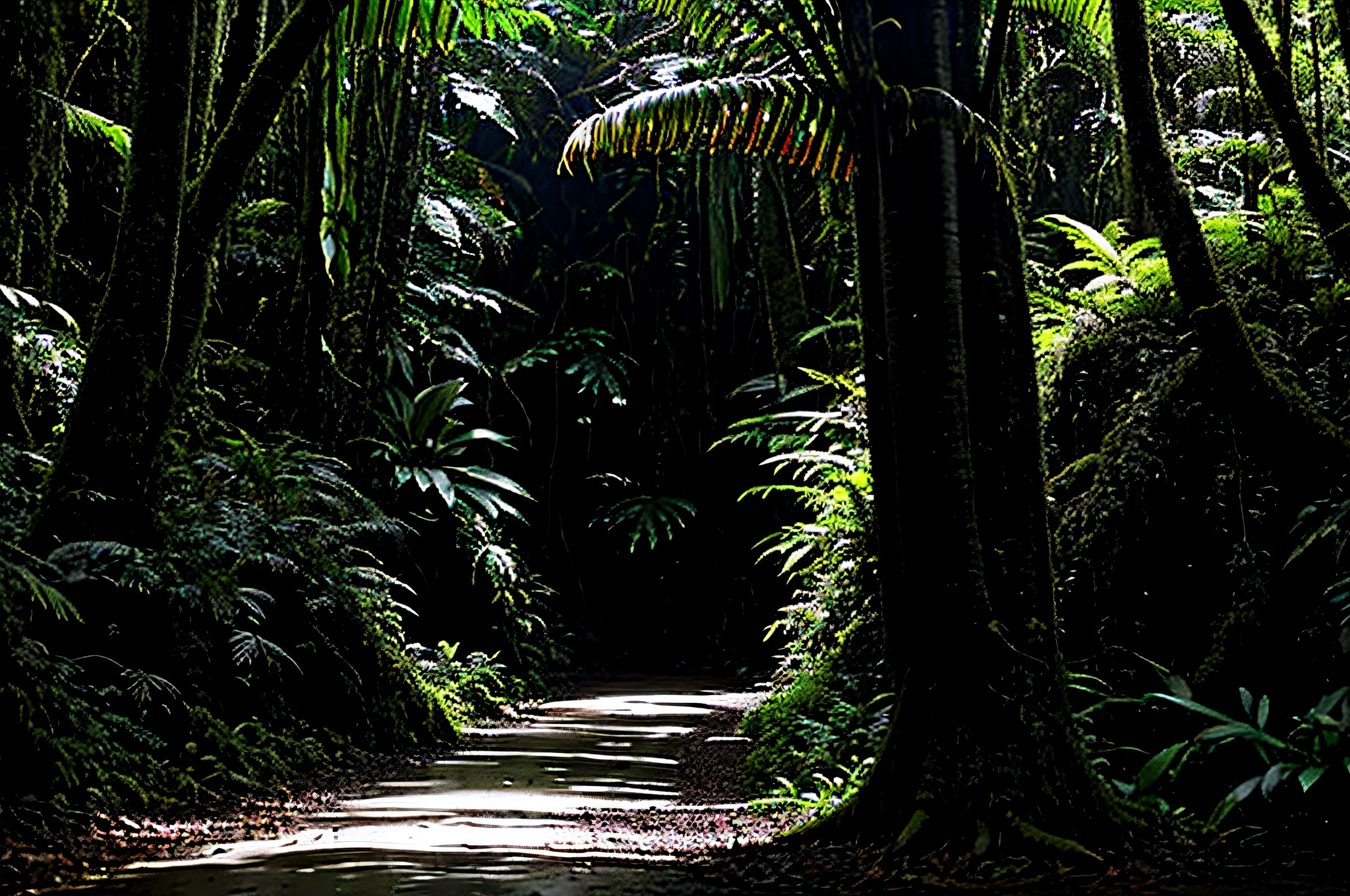 Native trail in the Amazon rainforest, with various bromeliads, with tree trunks, with orchids, com um pequeno rio ao lado da trilha, award-winning photography, ultra detalhado , Realistic , Tim Laman style photographer,