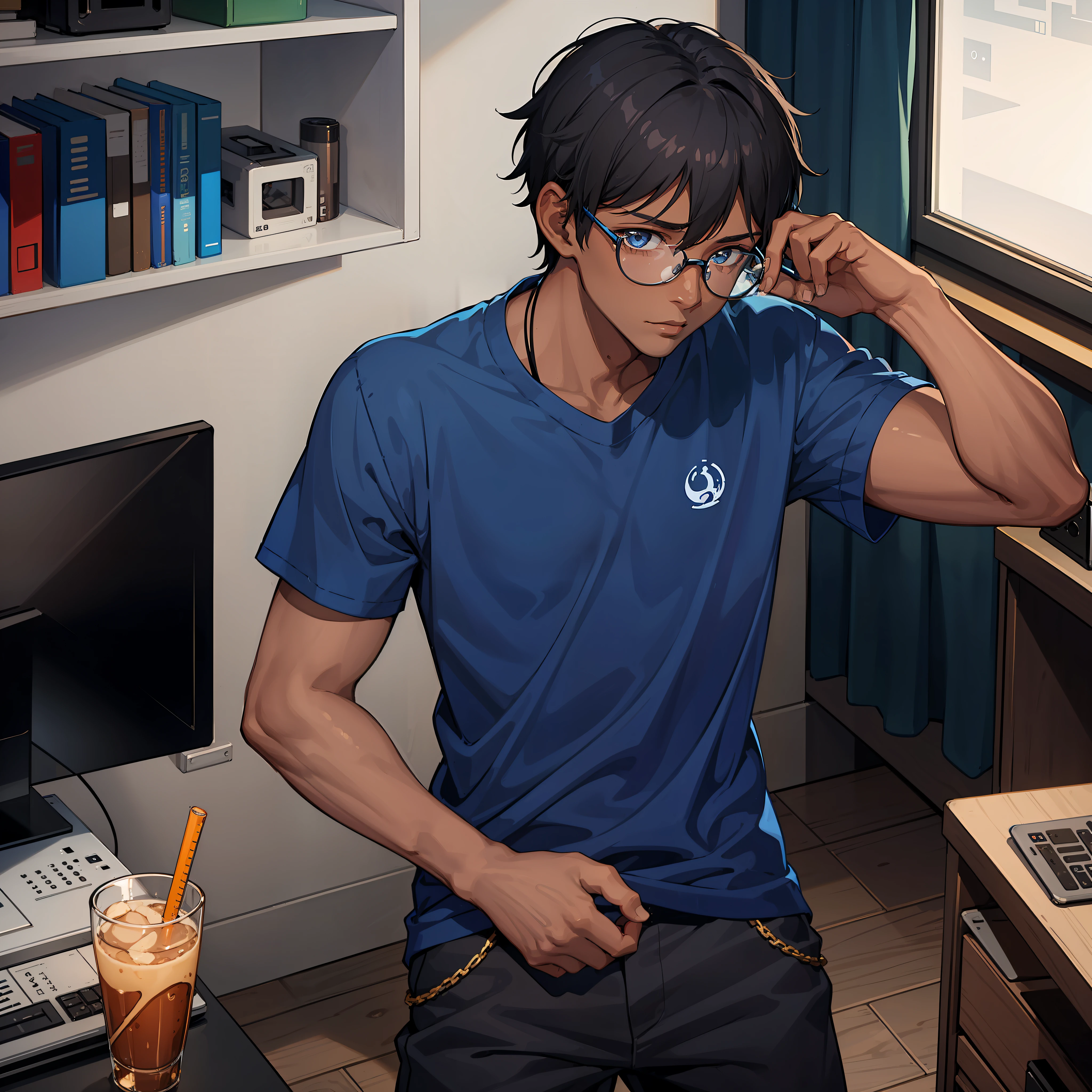 1 boy, tanned dark skin,boy, brazilian,teenager,using glasses,blue t shirt,black cargo pants