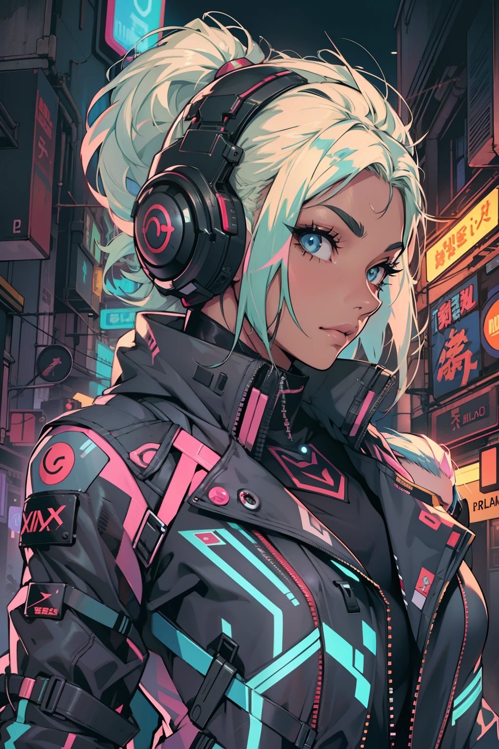 master part, melhor qualidade, 1 Garota cyberpunk, tiro de corpo inteiro, standing in front of the motorcycle, Olhando para o Viewer, Confident cyberpunk girl with cheeky expression, Roupa pop inspirada em Harajuku, bold colors and patterns, Attractive accessories, penteado moderno e inovador, maquiagem vibrante, Paisagem urbana deslumbrante cyberpunk, skyscrapers, neon signs, luzes led, esquema de cores vivas e brilhantes, anime, illustration, Textura detalhada da pele, textura de pano detalhada, Rosto bonito e detalhado, detalhes intrincados, ultra detalhado.