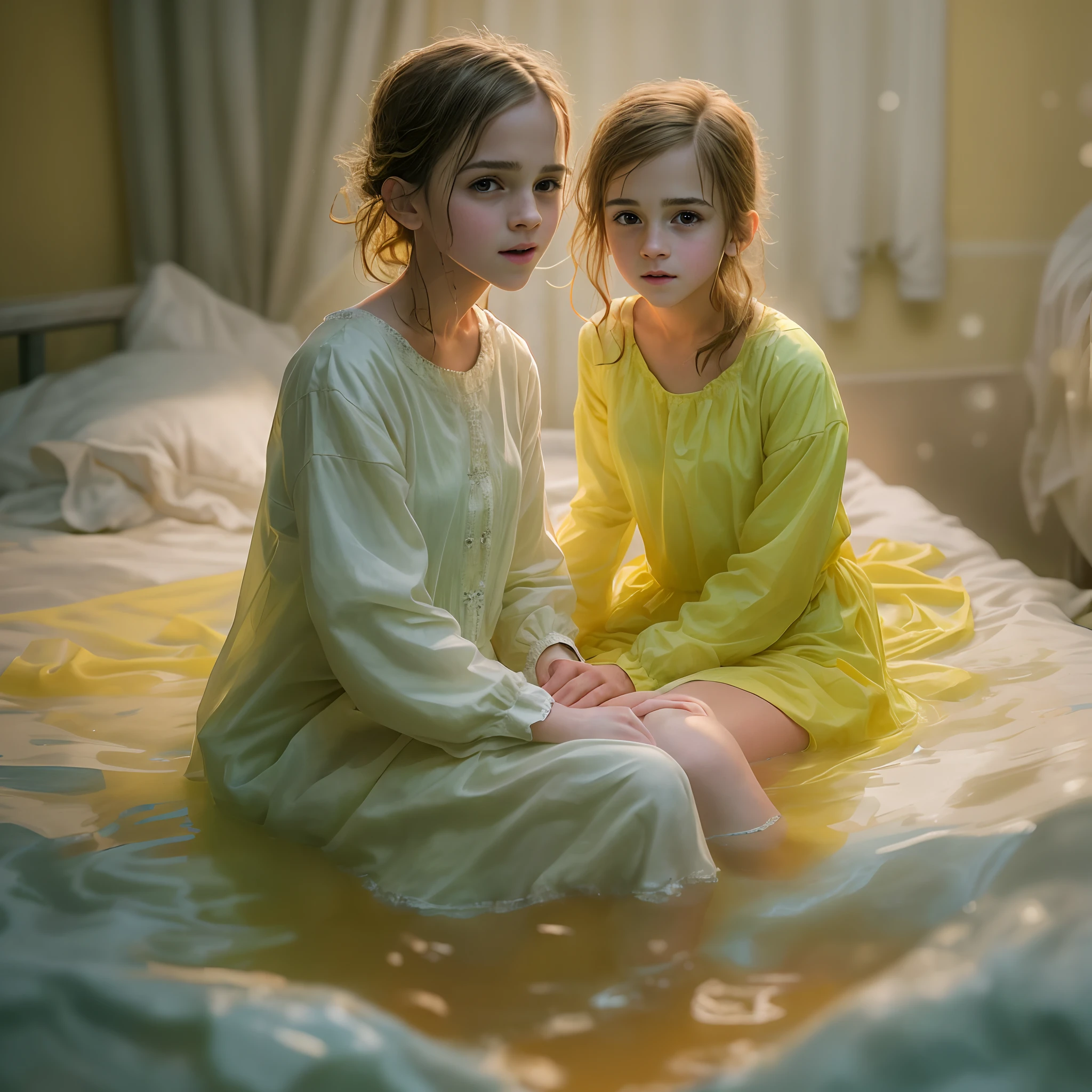 8K, Ultra Detail, Ultra Realistic, HDR, f2.0,2girls, Full body shot, ************, Child figure, Small, cute, Thin legs, Thrusting waist, in bed, bedsheets, Thin, emma watson, wet skin, baptism in long nightgown, water, yellow puddles