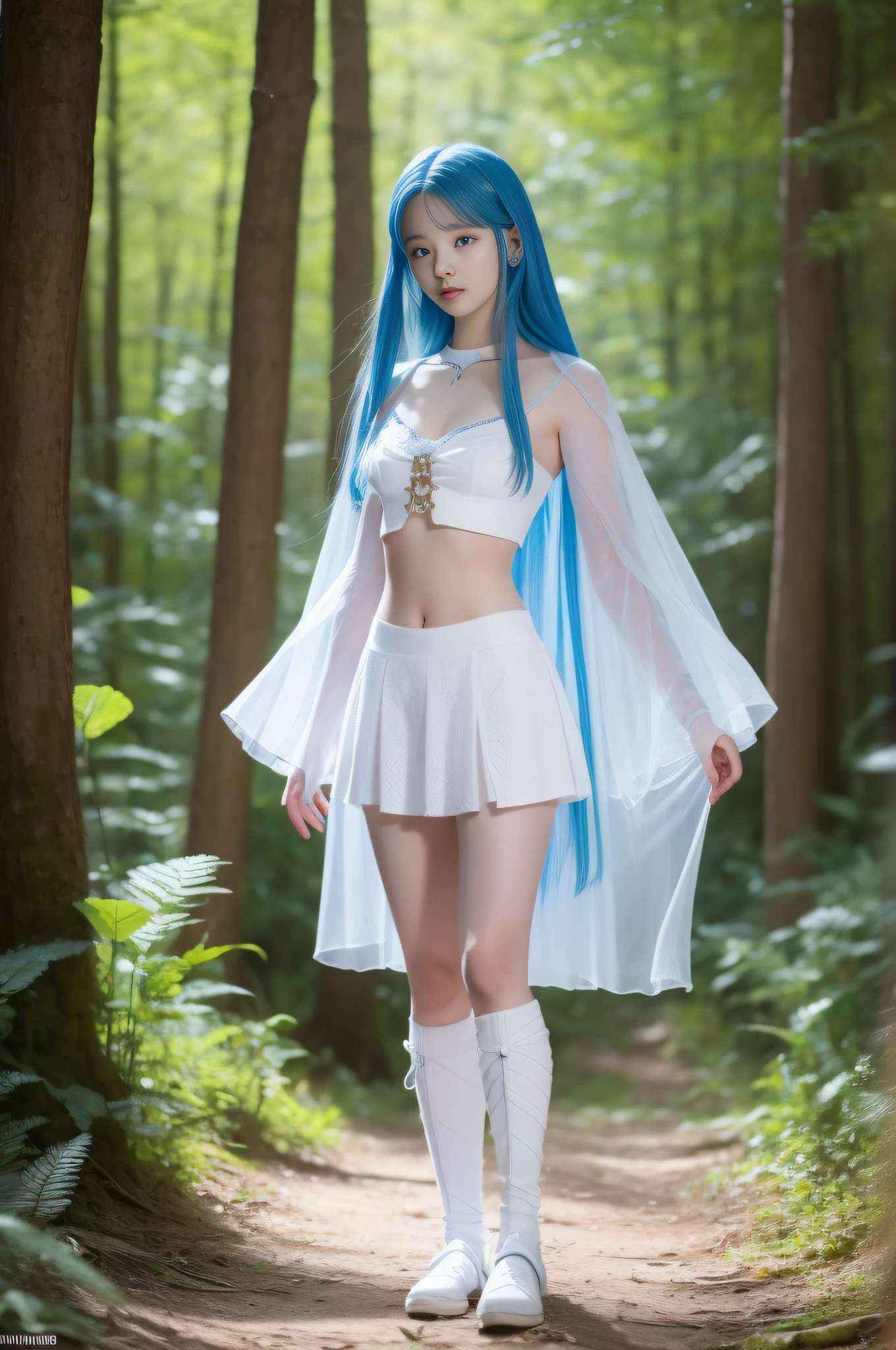 "Full body view of 18 years old Kim Chaewon as a young girl in a white revealing fantasy clothes with blue hair. She is standing confidently on a forest, with a slight exposure of her midriff and a petite figure. The photo is captured in UHD 4K, exhibiting exquisite details."