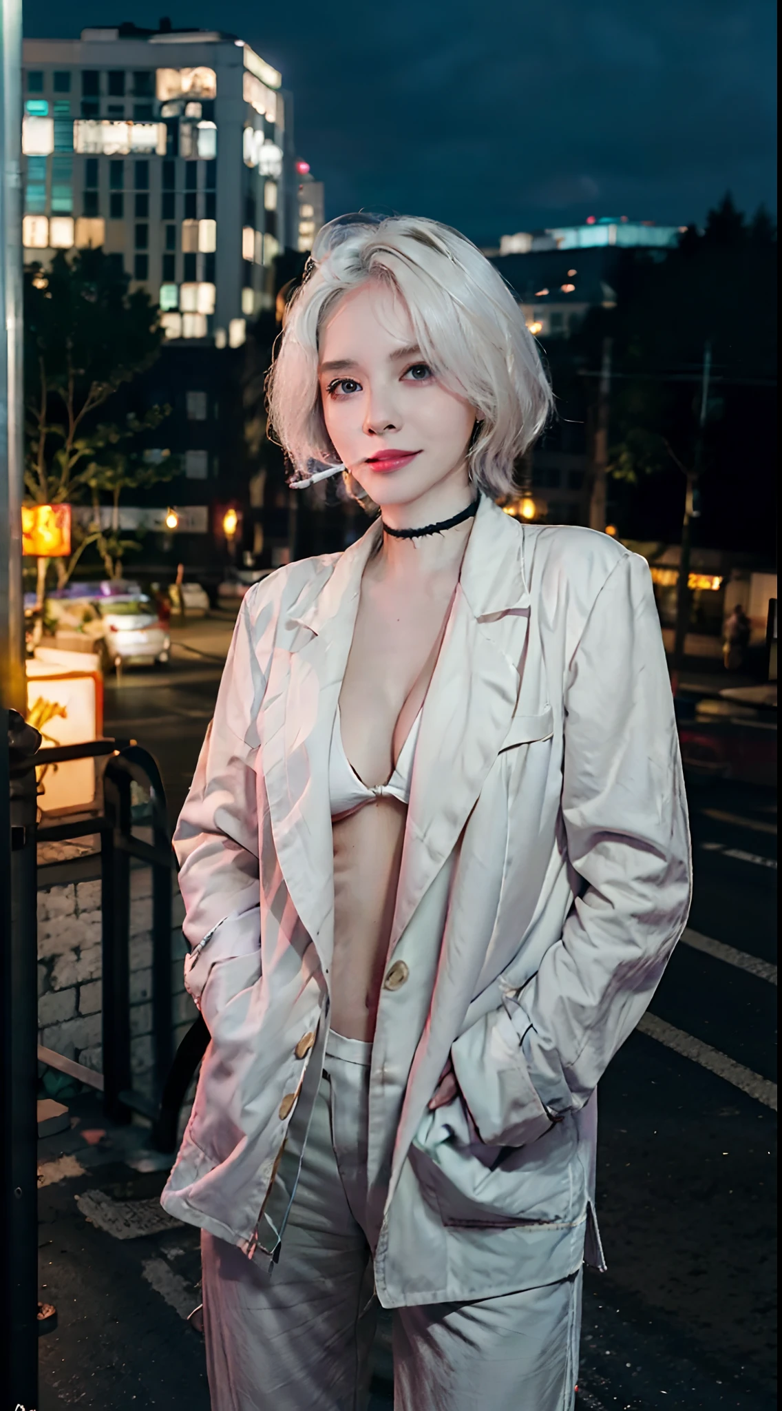 (masterpiece, best quality:1.2), cowboy shot, solo, 1girl, white hair, short wavy hair, purple eyes, average breasts, slender body, light smile, looking at viewer, hands in pockets, lady office suit, cleavage, choker, cityscape scenery, street, night light, night time, smoking cigarette, cigsmoker