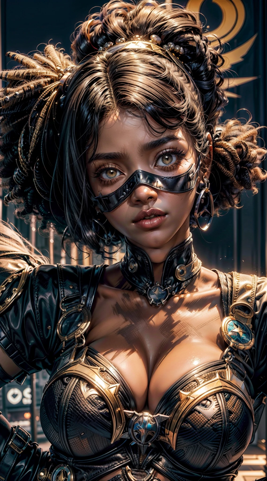 1 closeup de uma (garota 18 anos afro americana)batgirl  negra ((AFRO AMERICANA)), cabelo curto, ((Using Batgirl's mask))com capuz vermelho ((cabelo curto e liso com franja)), fear expression, assustada,,( fleshy lips)olhos grandes,sardas no rosto de ,batom vermelho,( pircing on the lip),colar, brinco, e maquiagem, Angle of the face up close, perfil,Looking at camera