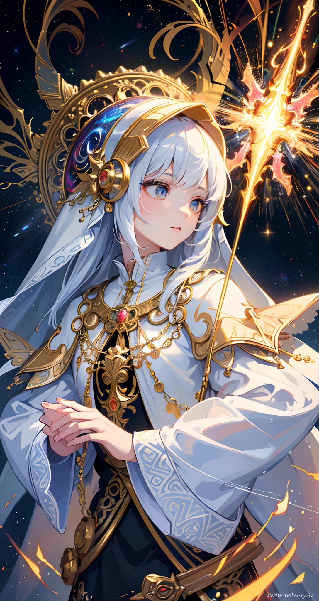 (masterpiece, top quality, best quality, official art, beautiful and aesthetic:1.2), (1man), extreme detailed, (fractal art:1.3), colorful, highest detailed, perfect face, upper body, HDR, (praying:1.3), (white cloak golden lines:1.2), galaxy, (light streaks), striking visuals, (dynamic streaks, luminous trails:1.2), vibrant colors,