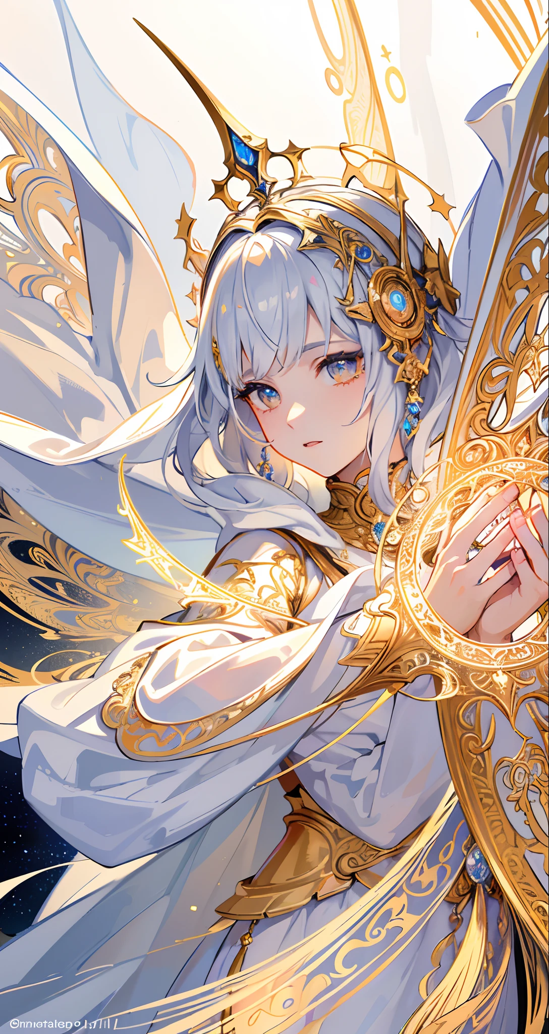 (masterpiece, top quality, best quality, official art, beautiful and aesthetic:1.2), (1boy), extreme detailed, (fractal art:1.3), colorful, highest detailed, perfect face, upper body, HDR, (praying:1.3), (white cloak golden lines:1.2), galaxy, (light streaks), striking visuals, (dynamic streaks, luminous trails:1.2), vibrant colors,