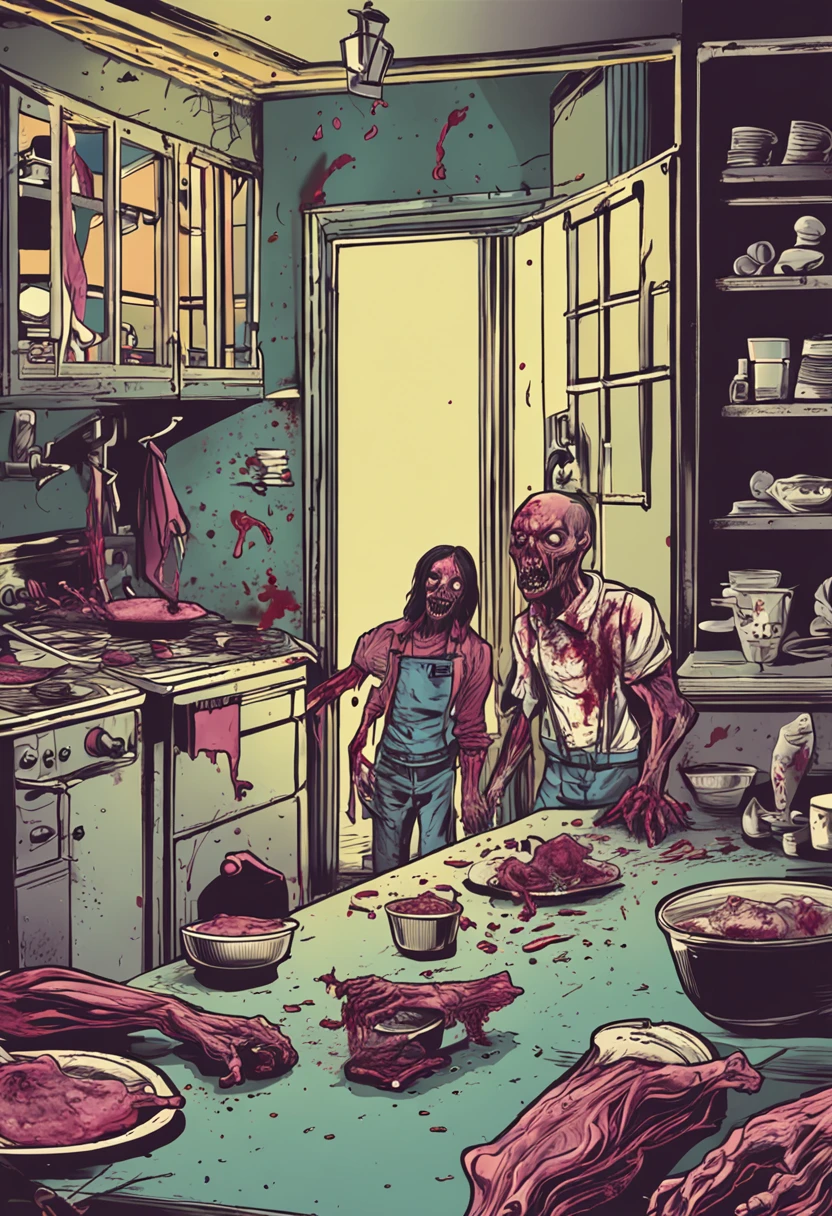 horror book cover, zombies in the kitchen