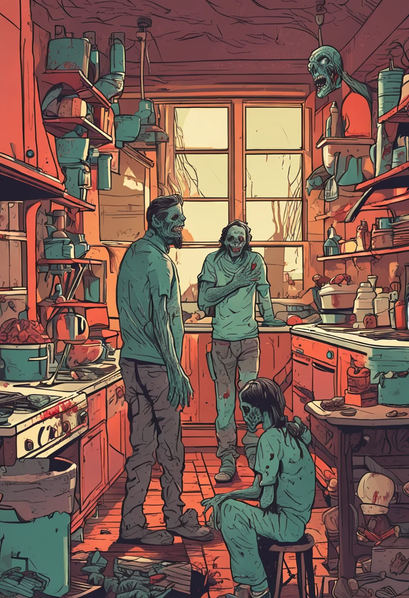 horror book cover, zombies in the kitchen