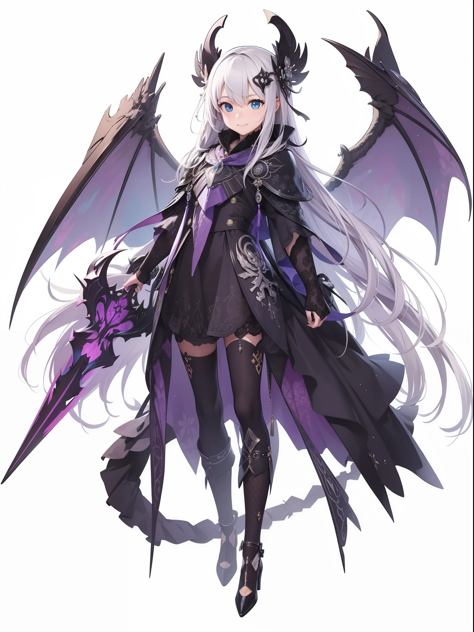 draconic woman with horns and a black dress, medieval, dragon, beautiful elegant dragon princess, gothic maiden anime girl, dragon girl, anime monster girl, short wavy silver hair front braid, no bangs, purple eyes, LARGE purple dragon wings, long dragon tail, modest dress, no bangs, cute style dress with ragged bottom, full body, sfw, elf ears, full body portrait