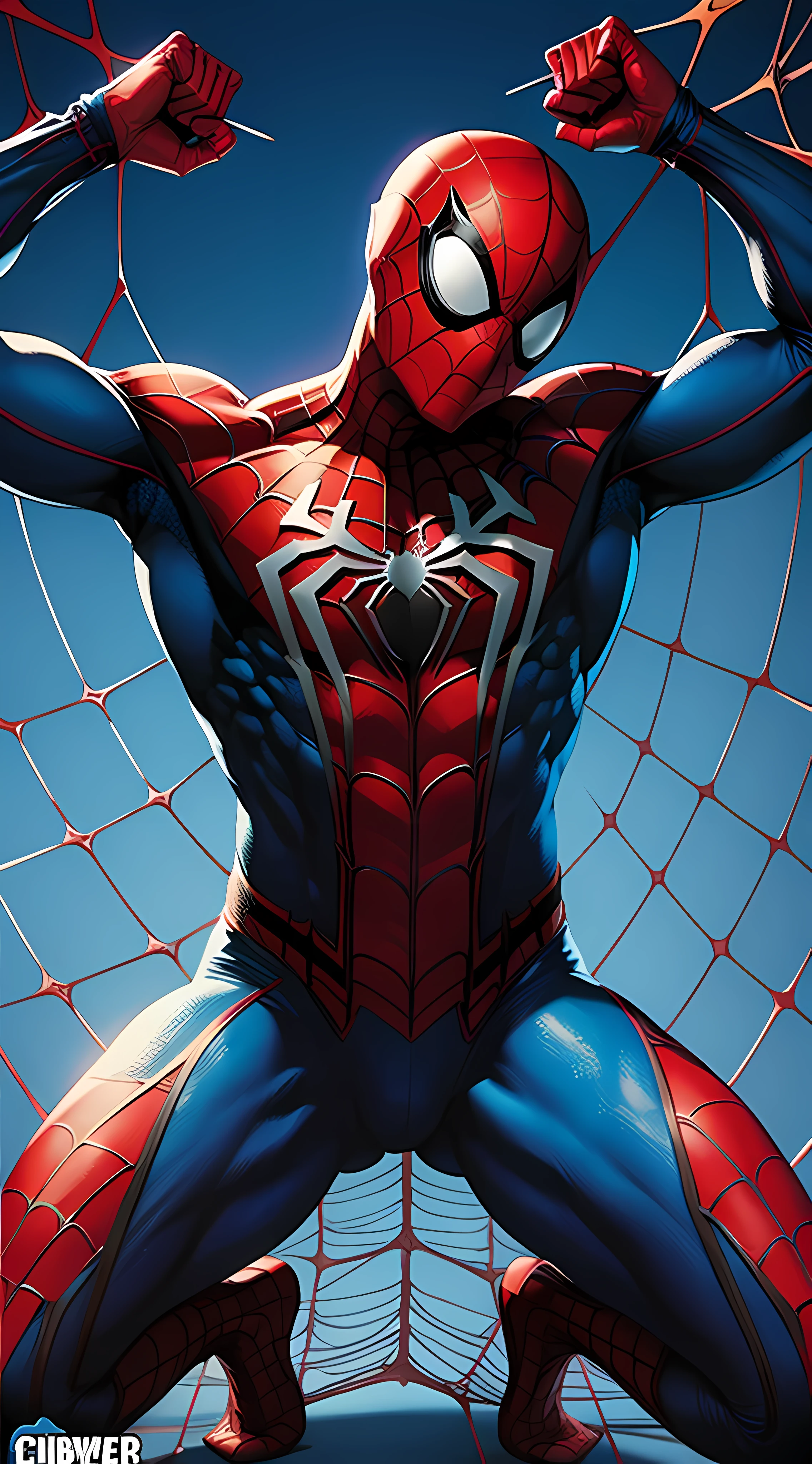 Spiderman Comic book Cover vibrant blue background, intricate giant spiderweb