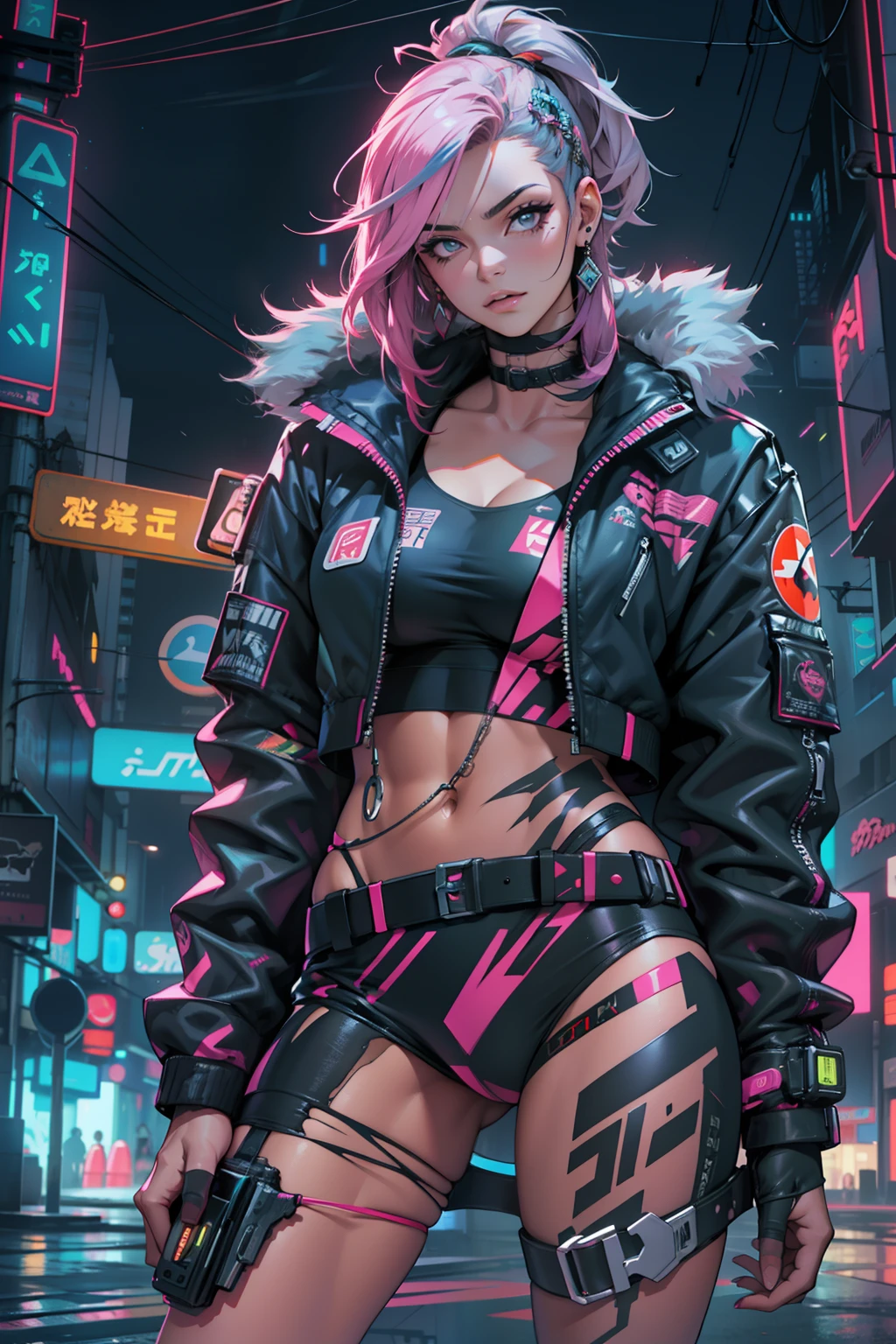 master part, melhor qualidade, 1 Garota cyberpunk, tiro de corpo inteiro, standing in front of the motorcycle, Olhando para o Viewer, Confident cyberpunk girl with cheeky expression, Roupa pop inspirada em Harajuku, bold colors and patterns, Attractive accessories, penteado moderno e inovador, maquiagem vibrante, Paisagem urbana deslumbrante cyberpunk, skyscrapers, neon signs, luzes led, esquema de cores vivas e brilhantes, anime, illustration, Textura detalhada da pele, textura de pano detalhada, Rosto bonito e detalhado, detalhes intrincados, ultra detalhado.
