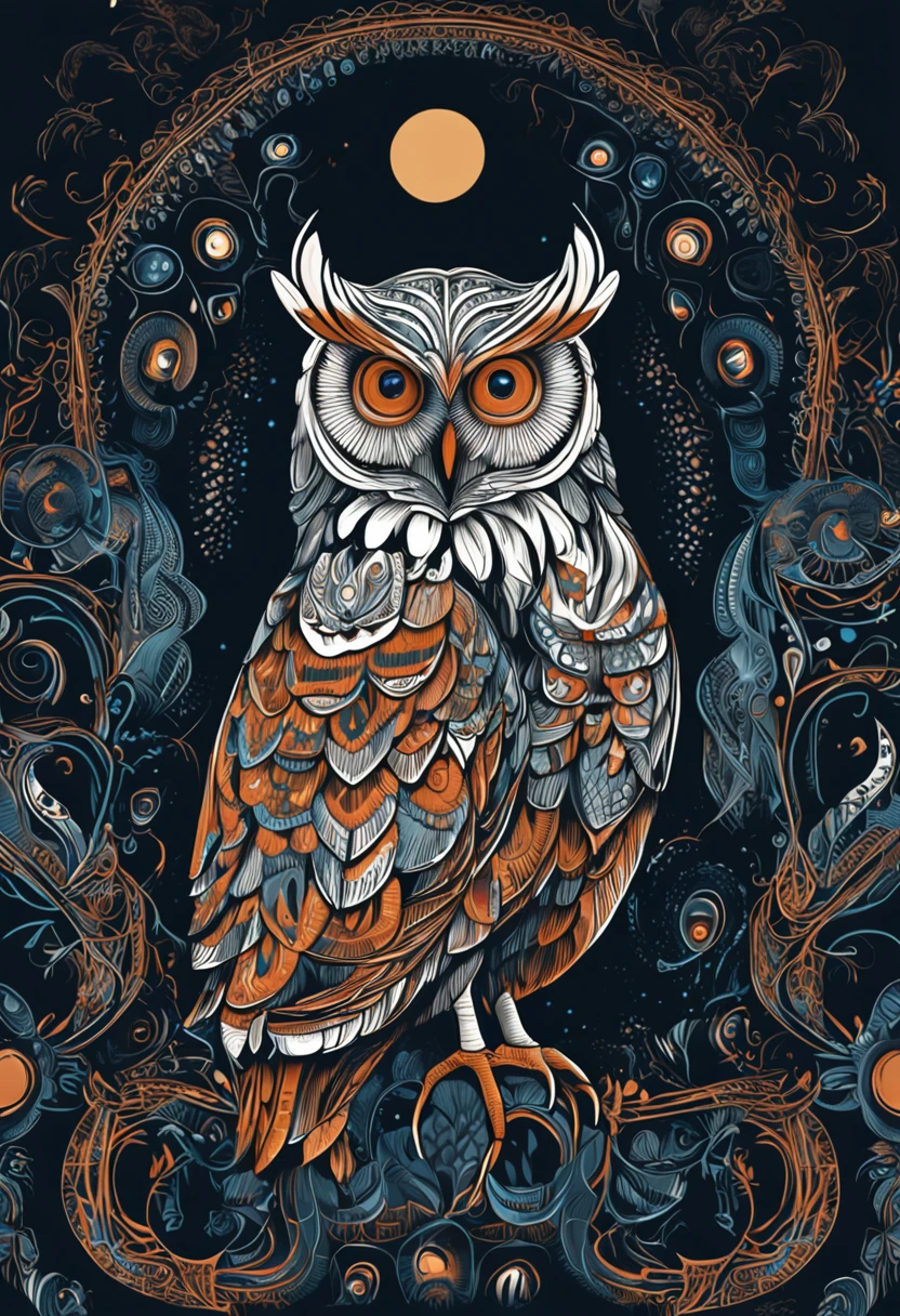 um close up de uma coruja com olhos azuis em um fundo preto, Coruja Radiante, criatura altamente detalhada, intrincado, coruja incandescente, the wisest of all owls, Grande arte digital com detalhes, coruja fofa com olhos grandes