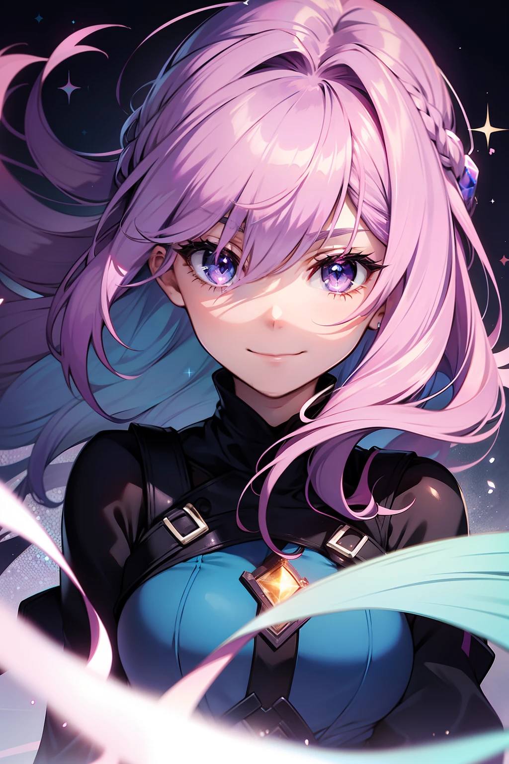 pink gradiant light blue color hair, smile, purple eyes, glowing hair, sparkly hair, floating hair, blue scelra, blue mouth