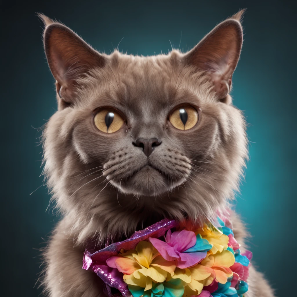 Spectacular Full body view of a super adorable and captivating rainbow colored fluffy bold flowery hipster Burmese cat surfing a wave in vibrant collage fashion, modeling retro flair against a polychromatic dreamscape. Posing with diamond ukulele, Textured fur, photorealistic 8K resolution, sharp focus, ultra quality, UHD, crystal clear, ((breathtakingly enchanting)), experimenting with bright colors, patterns, and textures, collage art, magazine cutouts, wearing Rose, Tulip, Orchids, Dahlia, Cherry blossom, Protea, Passion Flower, Anemone, Peony, Lily, Chrysanthemums, Lotus, Apple blossom, Lilac, Marigold, Gladioli and Daffodils and precious gemstones - rubies, sapphires and emeralds of bright colors on its head and neck, rainbow colored fluffy Burmese cat with headphones on its head, ((in bottom view)), dynamic extra long curly fur, glowing flowing curly fur, smiling face, big eyelashes, happy face, detailed features, vibing to music, cutest Burmese cat, in the clouds of vibrant colors, rainbow smoke trails, sweat drops, eye level, intricate details, warm colours, modeling photography, ((hyperrealistic)), wearing extraordinary extravagant fancy sunglasses, full body photography, beautiful joyful kind eyes of vibrant colors, tender playful look, black and golden suit, soft skin, dynamic posture, soft light, film texture, virtual engine, advanced detail processing, ultra realistic 8k, styles for printing, cinematic lighting, high contrast, glowing highlights, photorealistic,a background of outer space with stars and planets, comedy art,realistic style, high resolution, 3D render, highly detailed,intricate details, sharp focus,8K, ultra quality,UHD, crystal clear, ((stunningly beautiful)), extremely detailed,highly detailed skin, cinematic lighting,wide angle, photorealistic,beautiful shot, HDR,sharp focus, 64 megapixels,perfect composition, cinematic,atmospheric, high contrast,colorful polychromatic, CGSociety,–ar 1:1 --c 15 --s 765 --q 2 --v 4