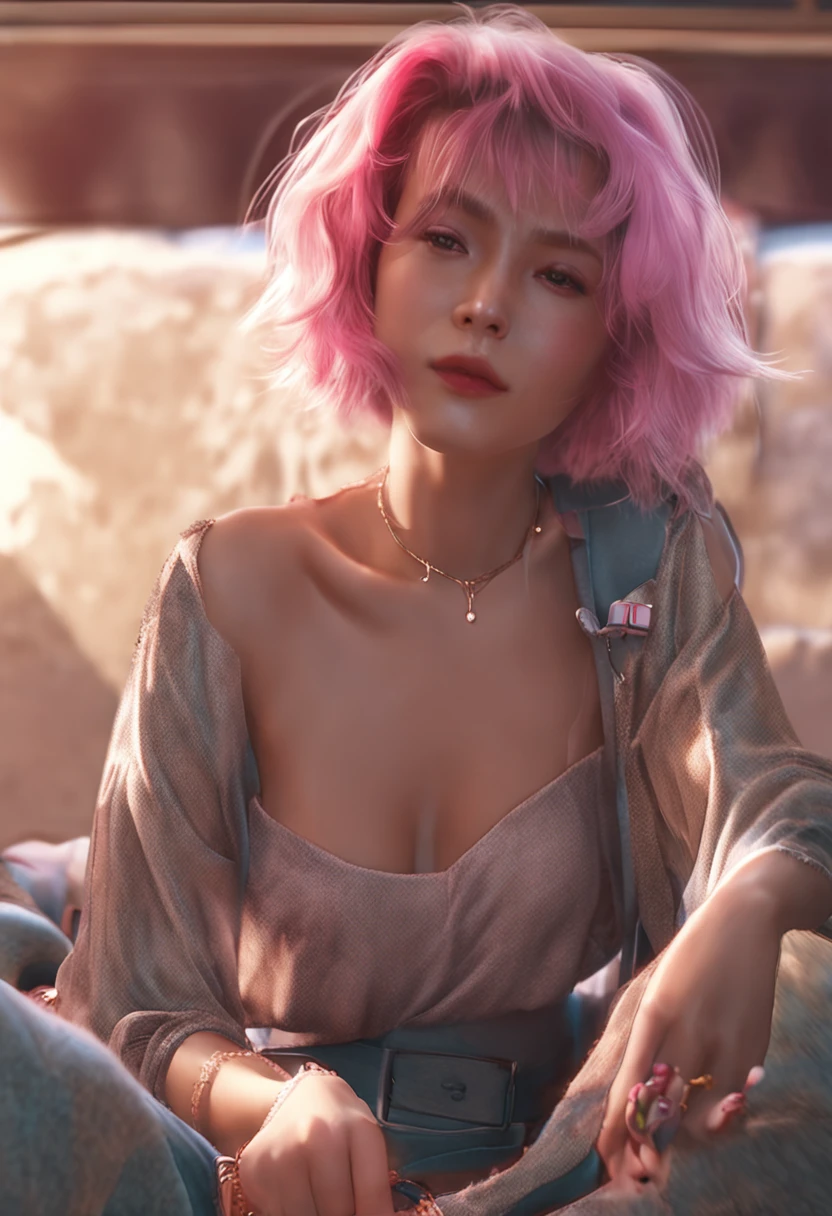 ((masuter piece)), ((top-quality)), (super detailing), ((High Detail)), 4K, (8K), Top image quality, (Beautiful fece), photos realistic, absurderes, Pink hair、nakeness、breastsout、teats、Navel、short-hair、 Satisfied look, Natural beautiful light, Pretty beautiful woman、hotels room、looking at viewert、spread legswide