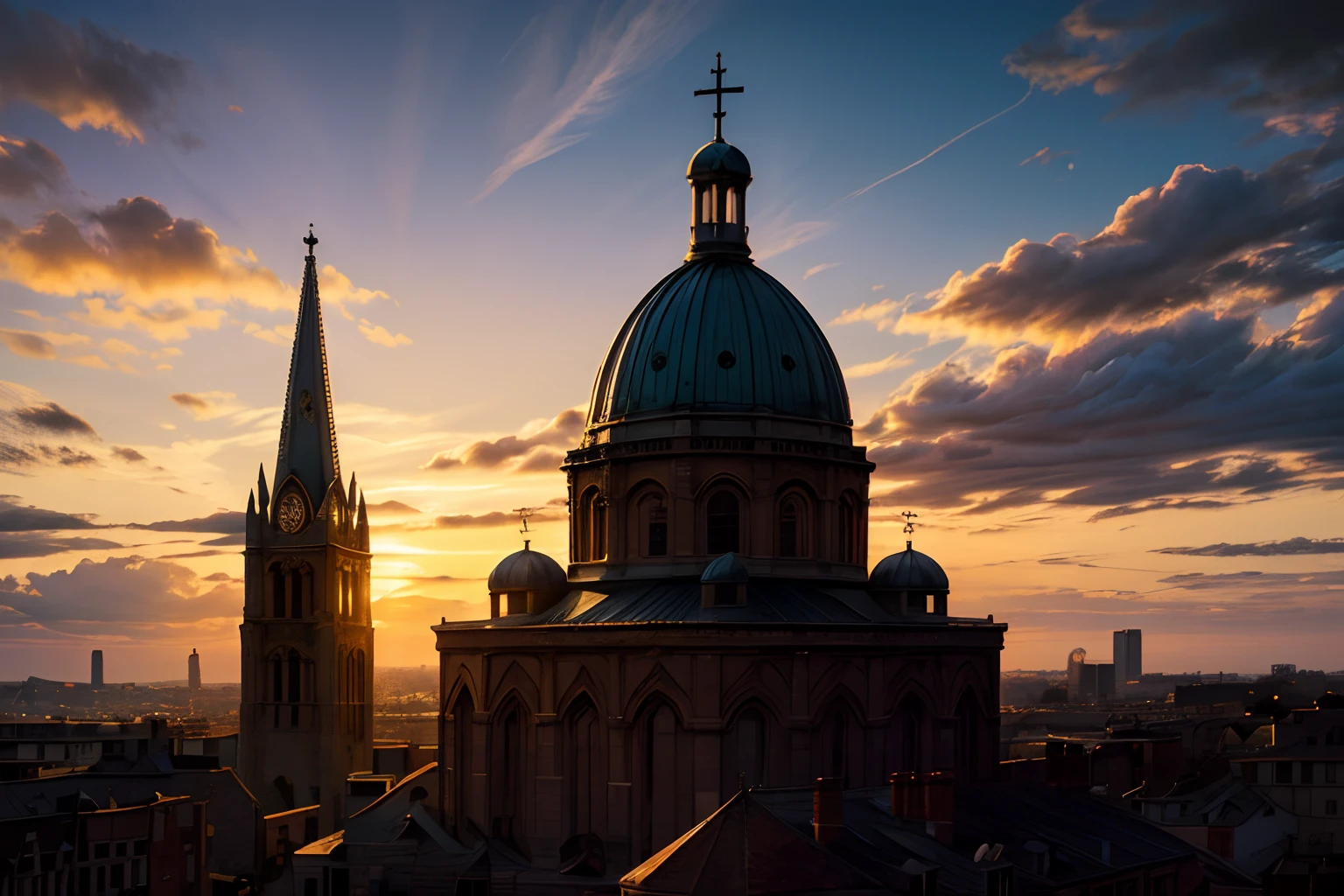 Cityscape bathed in sunset ::5 towering church bell standing tall ::4 silhouetted against the setting sun ::3 intricate shadows cast by backlight ::3 golden sky melding with urban landscape ::2 evocative, historic resonance ::1 50 --s 2