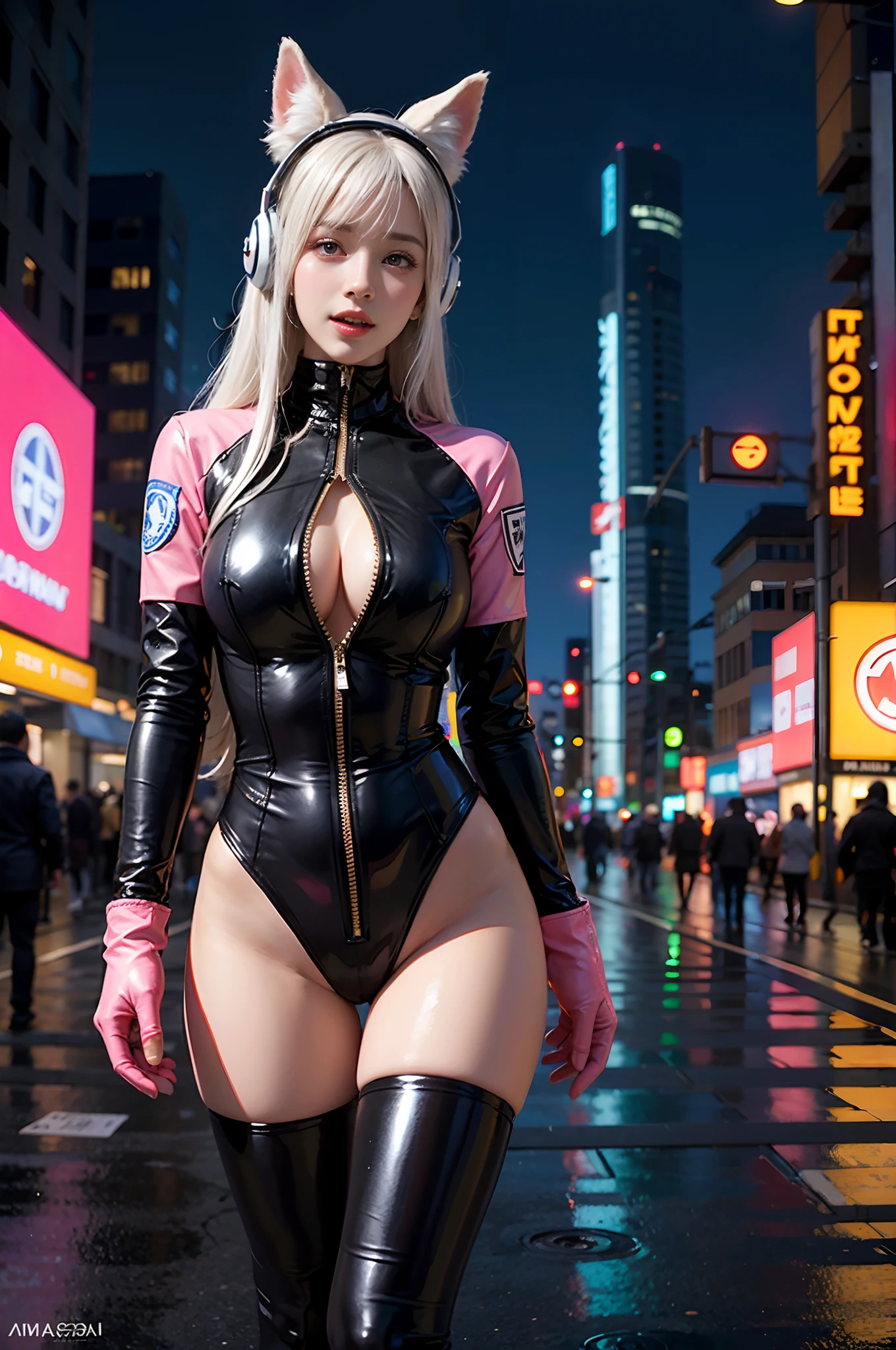 (RAW photo, Best quality, Masterpiece:1.2), (Realistic, photo-realistic:1.4),(Masterpiece:1.4),(Best quality:1.4),1girll, Solo, :D, Animal ear headphones, Arms up, bangs, Blush, tightsuit, Breasts, rabbit pose, Clothes writing, covered navel, Cowboy shot, Cropped jacket, mitts, (((Cyberpunk city street background))), hair intakes, Earphone, impossible bodysuit, Impossible clothes, Jacket, Large breasts, latex, latex bodysuit, Long hair, Long sleeves, view the viewer, Large breasts, Multicolored gloves, Open mouth, pink leotard, Pink eyes, Red jacket, Shiny clothes, shrugged shoulders \(Clothing\), side locks, skin tight, Smile, thigh gap, Thighs, double tails, Very long hair, White gloves, White hair,Alice \(Nikke\),(Shiny skin),Realistic.