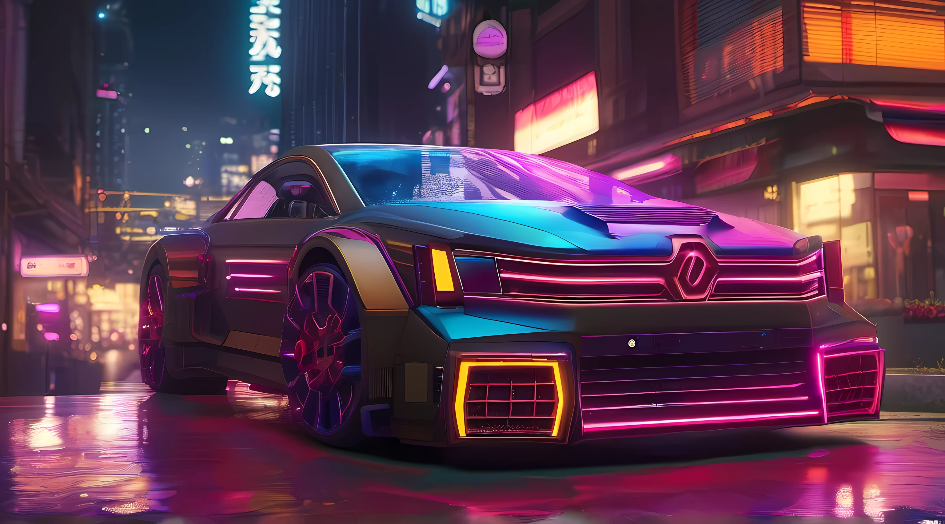 Carro, detalhes extremos, cyberpunk, rua, noite, fractal, neon, 8k
