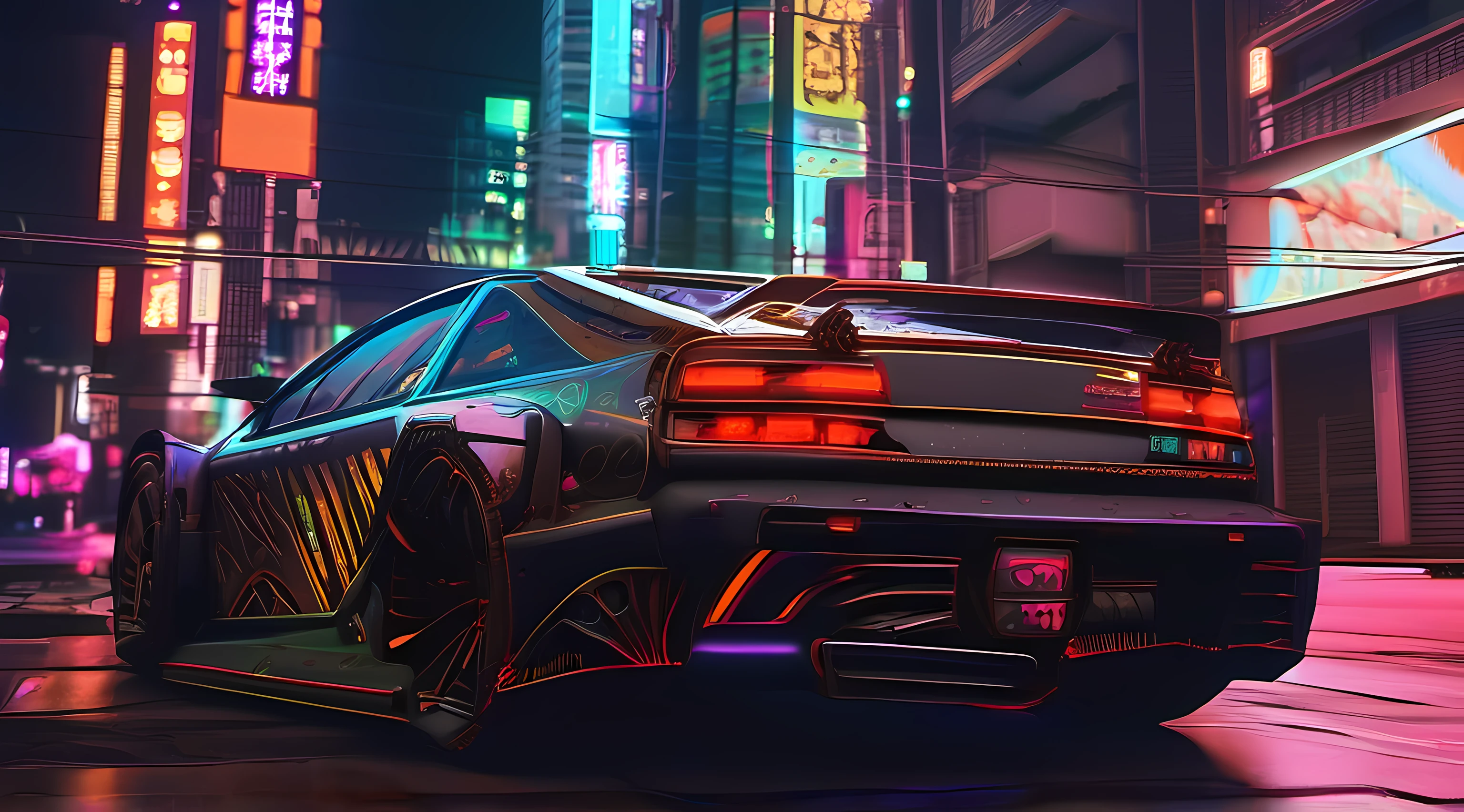 Carro, detalhes extremos, cyberpunk, rua, noite, fractal, neon, 8k