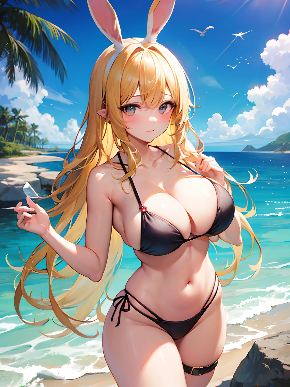 best qualityer，masterpiece，Beautiful bunny-eared girl，perfect slim figure，mature，Yellow hair，Big long hair，Bikini swimwear，Sensual and alluring，Nice face，Full body like，Stand pose，4k画质，Big figure，Feminine expression，Blush shyness，The bust is ridiculously large，Deep eyes，Bathing by the sea，huge breasts