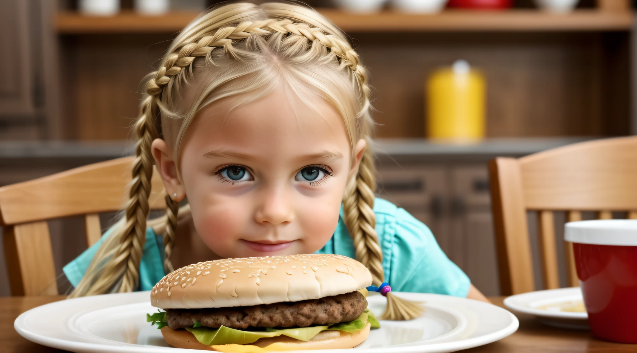 child girl blonde hair bun, Eating hamburger.