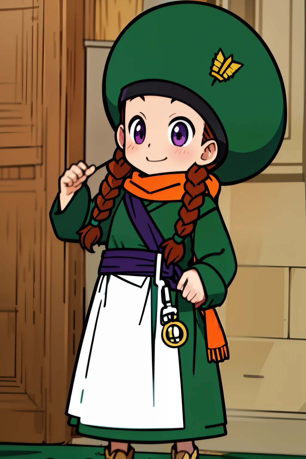 green dress, green skirt, orange scarf, white apron from the waist down, green hat, purple eyes, reddish brown hair, two braids, little girl, high quality
