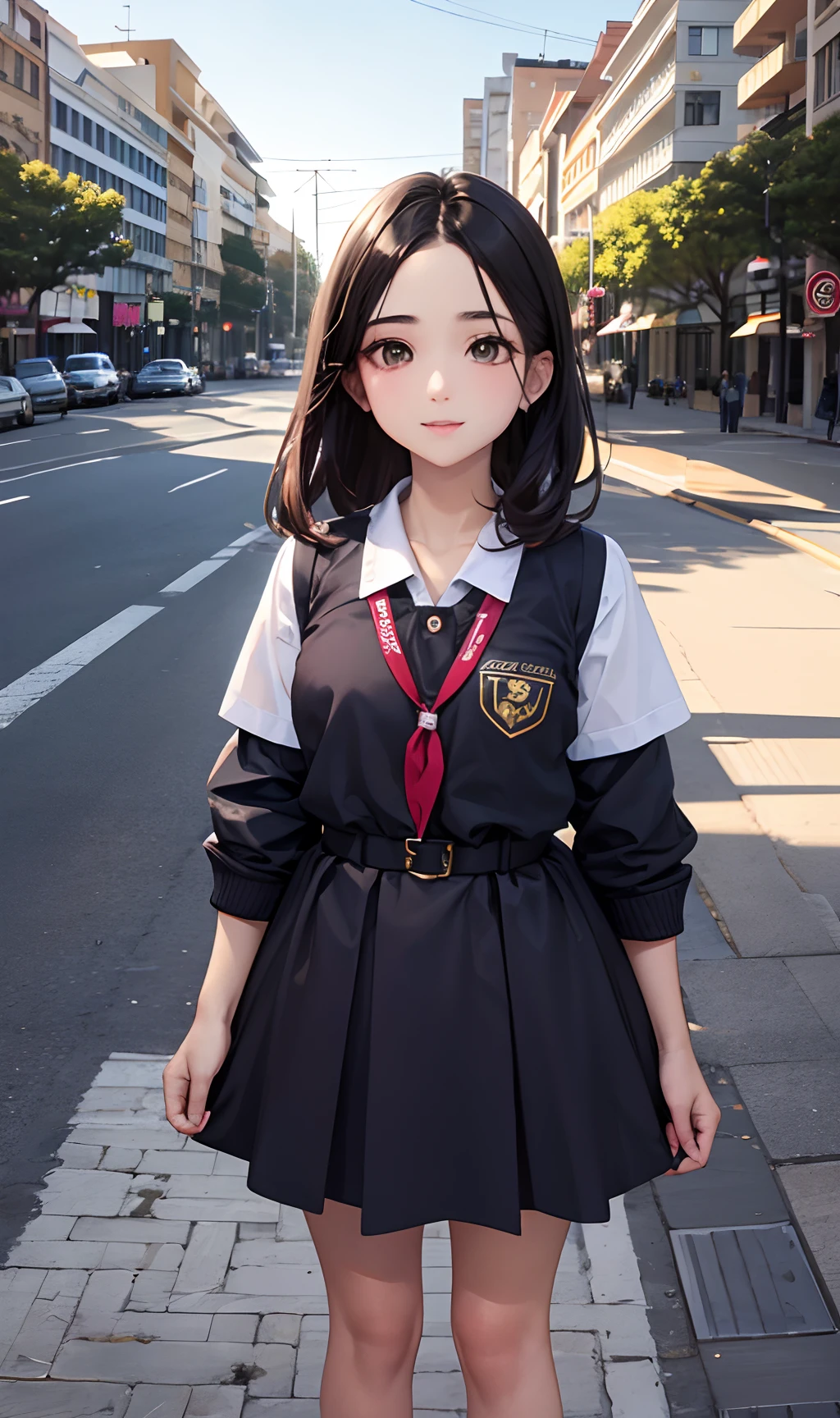 melhor qualidade, obra prima, alta resolução, menina linda, uniforme escolar, rosto super lindo, olho super lindo, cabelo super lindo, town square, vento, folhas, sol, sombras perfeitas, 8K