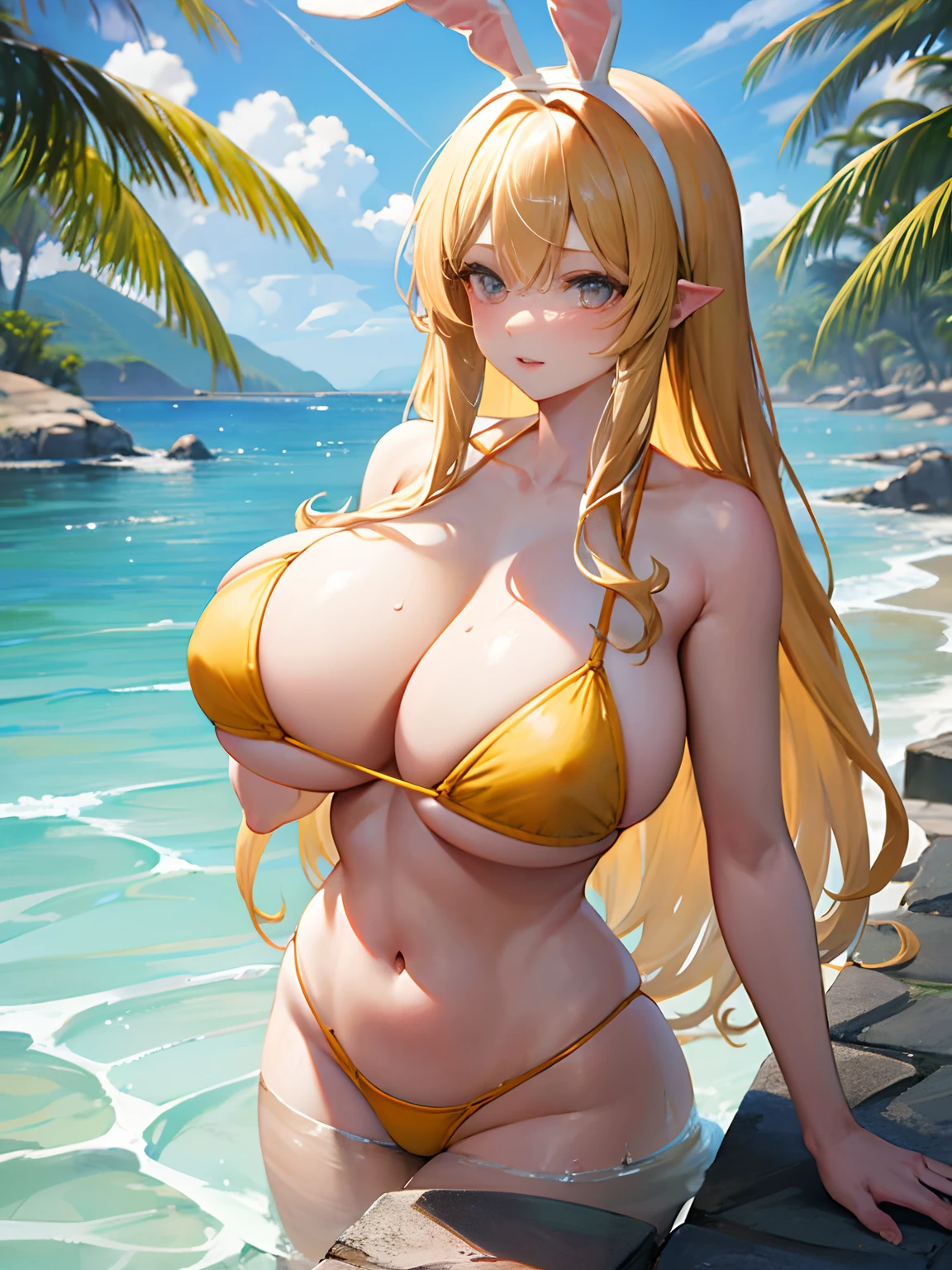 best qualityer，masterpiece，Beautiful bunny-eared girl，perfect slim figure，mature，Yellow hair，Big long hair，Bikini swimwear，Sensual and alluring，Nice face，Full body like，Stand pose，4k画质，Big figure，Feminine expression，Blush shyness，The bust is ridiculously large，Deep eyes，Bathing by the sea，huge breasts