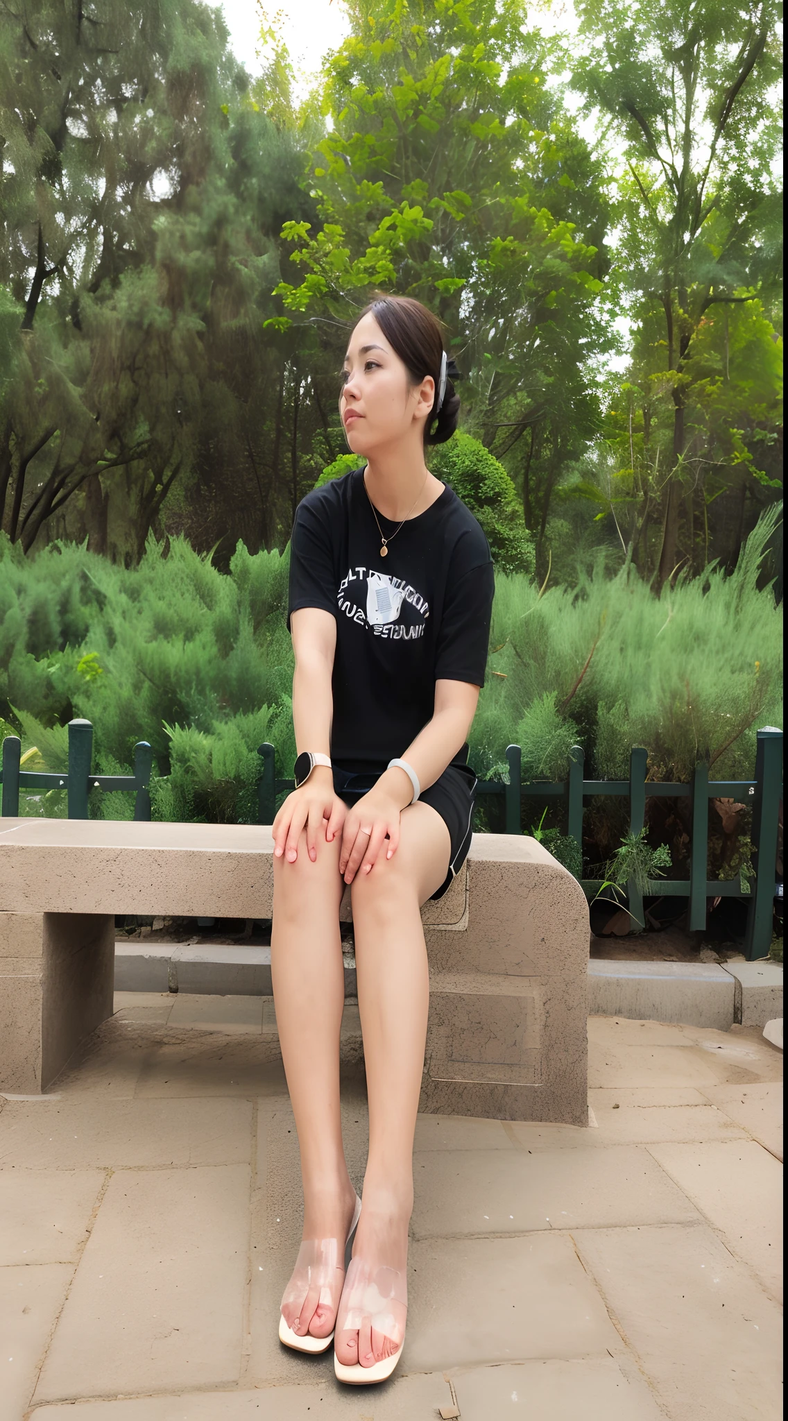 there is a woman sitting on a bench in a park, In Park, in a city park, Sitting on a park bench, with a park in the background, sitting on a bench, at park, sitting on a bench, Wearing a black T-shirt, taken with canon 8 0 d, with a park in the back ground, park in background