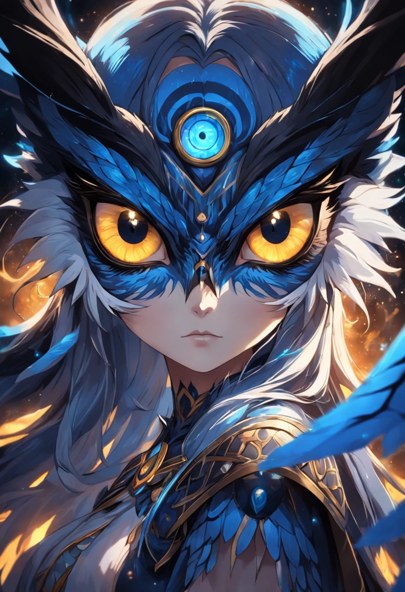 um close up de uma coruja com olhos azuis em um fundo preto, Coruja Radiante, criatura altamente detalhada, intrincado, coruja incandescente, the wisest of all owls, Grande arte digital com detalhes, coruja fofa com olhos grandes