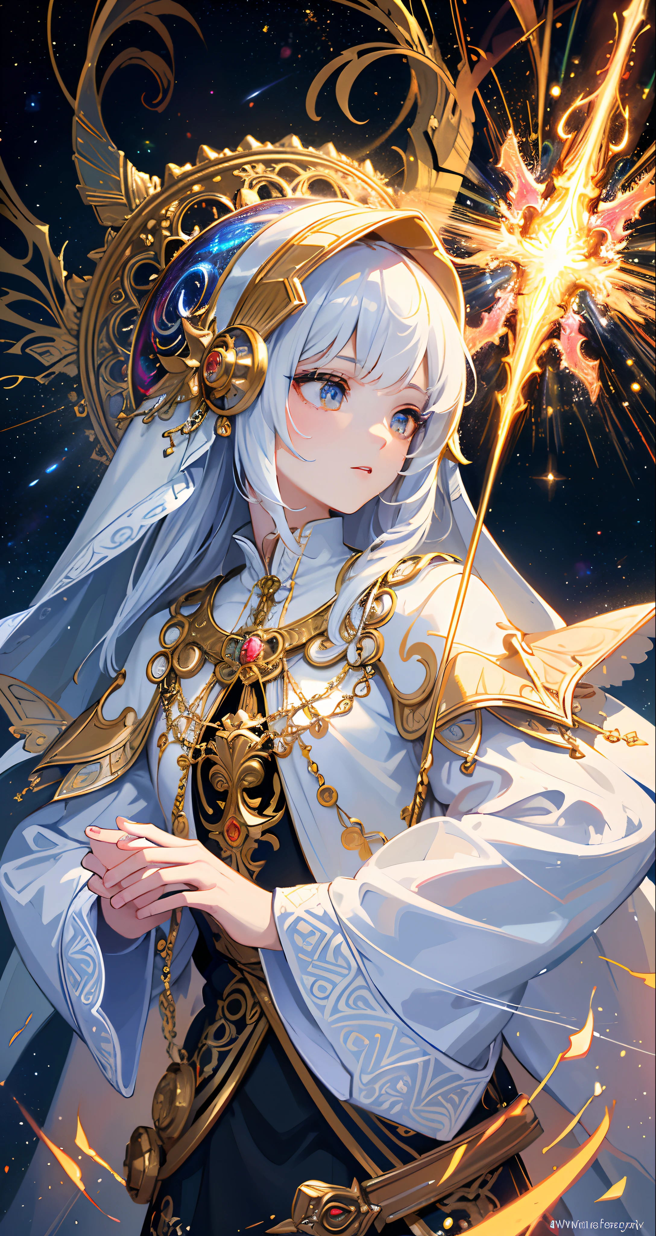 (masterpiece, top quality, best quality, official art, beautiful and aesthetic:1.2), (1boy), extreme detailed, (fractal art:1.3), colorful, highest detailed, perfect face, upper body, HDR, (praying:1.3), (white cloak golden lines:1.2), galaxy, (light streaks), striking visuals, (dynamic streaks, luminous trails:1.2), vibrant colors,