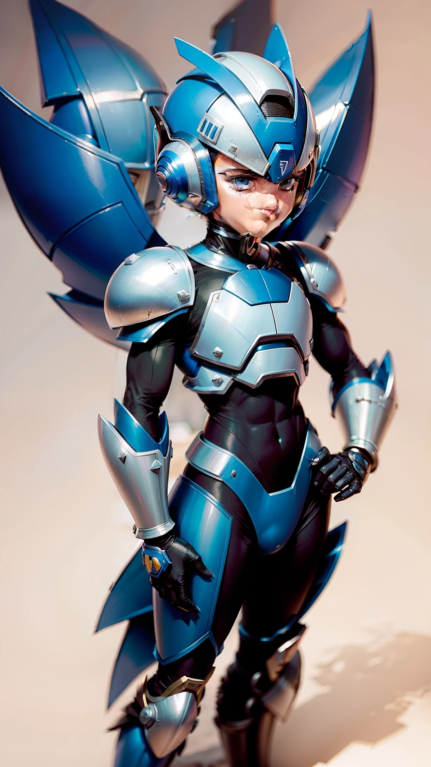 Encaixar a armadura do megaman sobre o corpo do menino. Megaman x. Estilo realista. Estilo homem de ferro azul com o rosto de fora