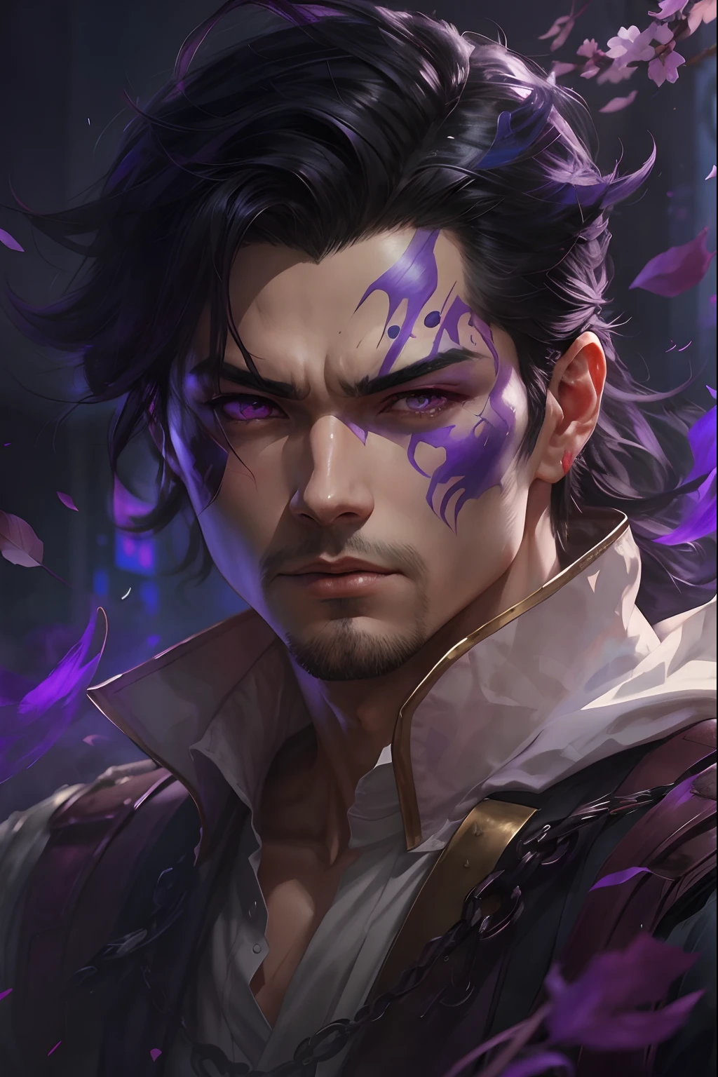 a close up of a man with purple eyes and a purple face paint, by Yang J, range murata and artgerm, artgerm portrait, yanjun chengt, artgerm and ruan jia, by ruan jia and stanley artgerm, ross tran and bayard wu, ig model | artgerm, wlop and ross tran