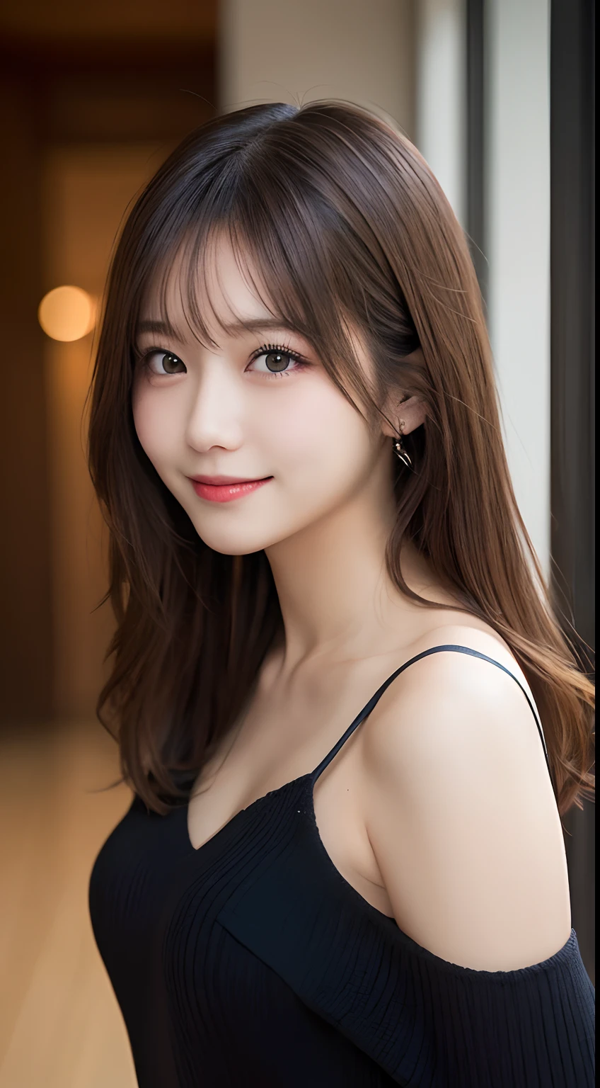 masutepiece, Best Quality, Illustration, Ultra-detailed, finely detail, hight resolution, 8K Wallpaper, Perfect dynamic composition, Beautiful detailed eyes, doress,Medium Hair, Big are visible, Natural Color Lip, Random and sexy poses,Smile,20 years girl