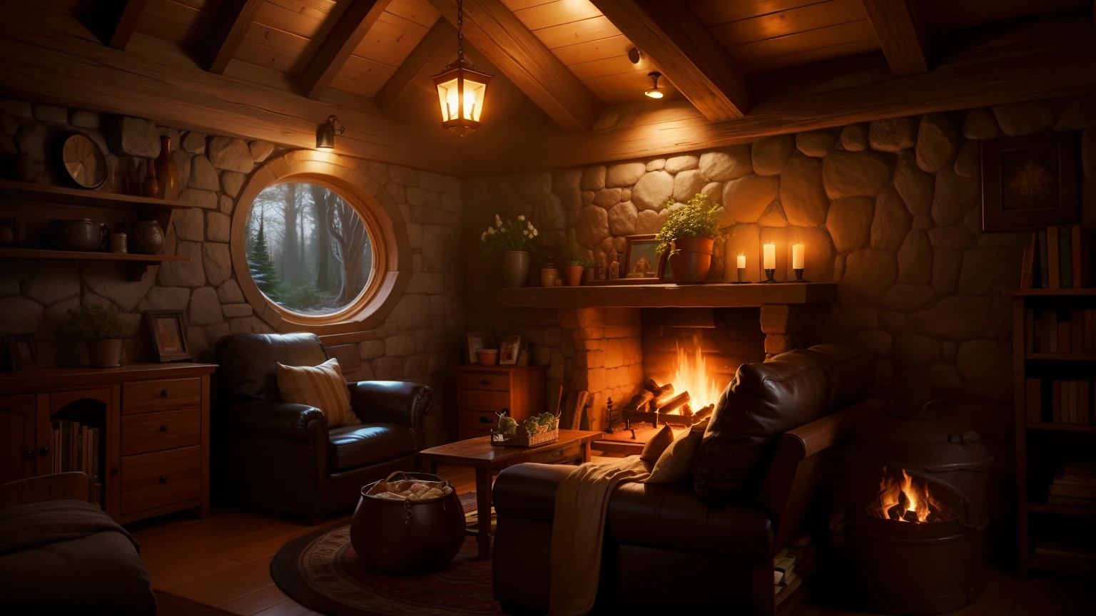 cozy hobbit house fireplace