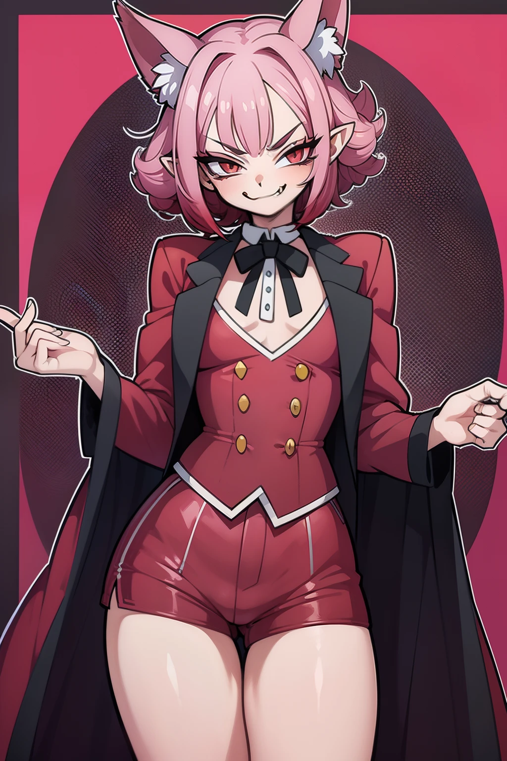 Anime character, high detail, Detailed art style, (smug smirk:1.4), vampire fangs, elf ears, short red curly hair, little chest, tailcoat, Short shorts, full length, the perfect body,